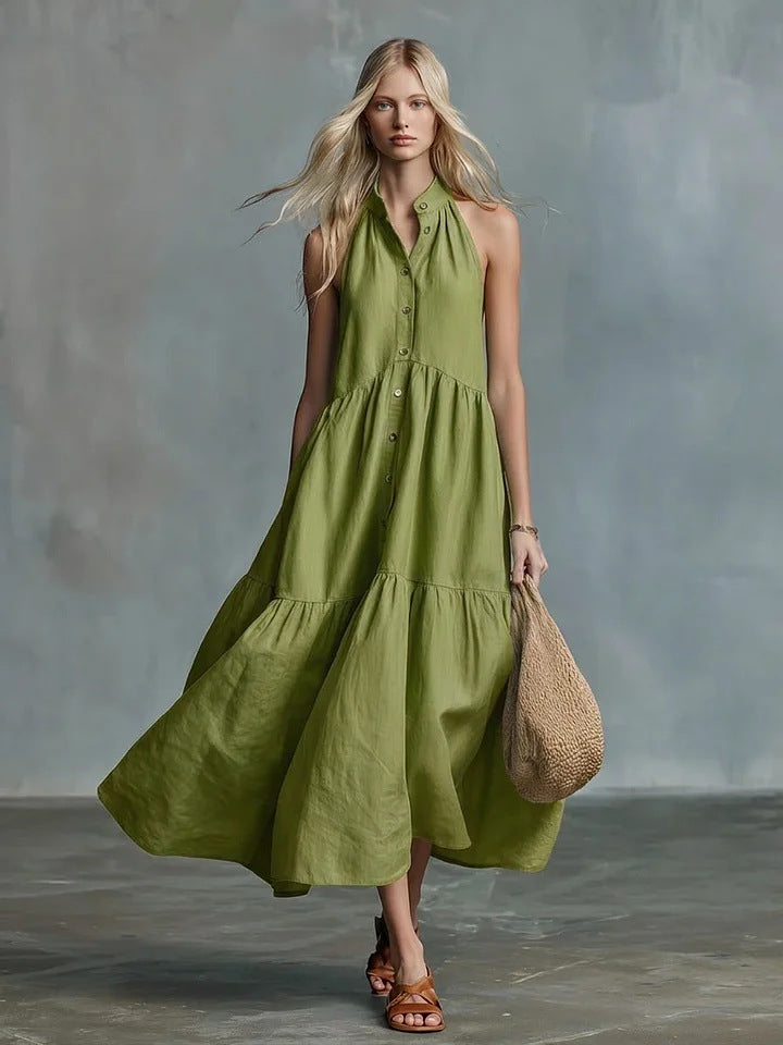 Sleeveless Casual Loose Linen Button Vest Dress