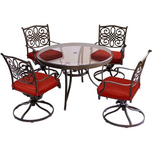Traditions 5-Piece Aluminum Outdoor Dining Set with Swivel Chairs with Red Cushions and Glass-Top Table