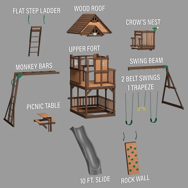 Skyfort II Cedar Wood Swing Set with Wave Slide, Clubhouse, Crow's Nest, and Monkey Bars