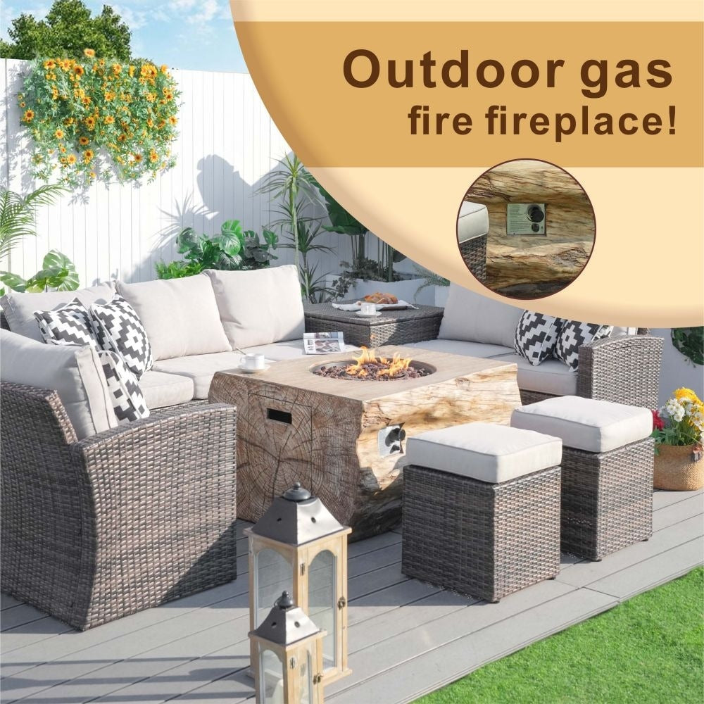 7-piece Patio Wicker Garden Chat Sofa Set with Fire Pit Table and Storage Box