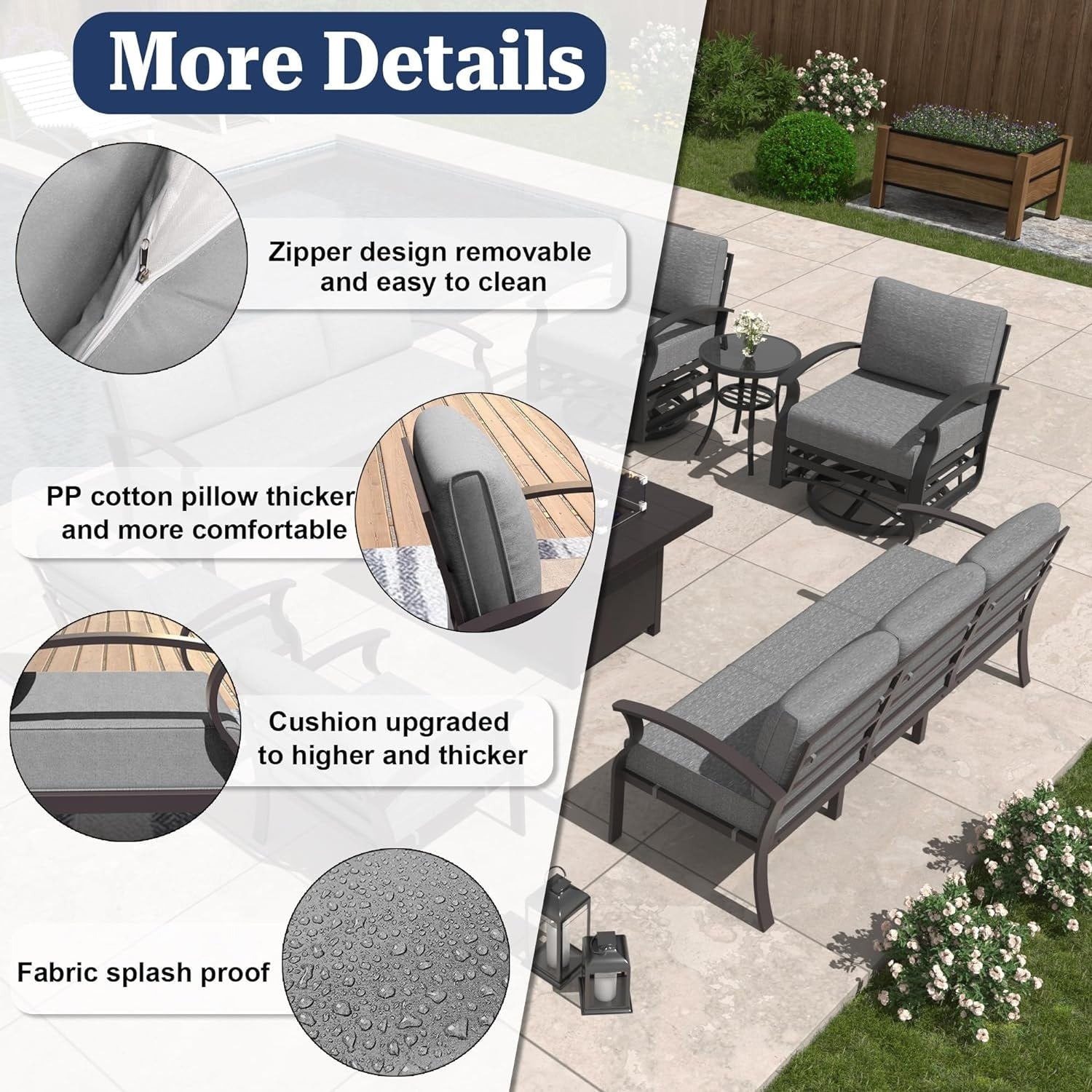 Kullavik Aluminum Outdoor Patio Furniture with Curved Armrests & Firepit Table