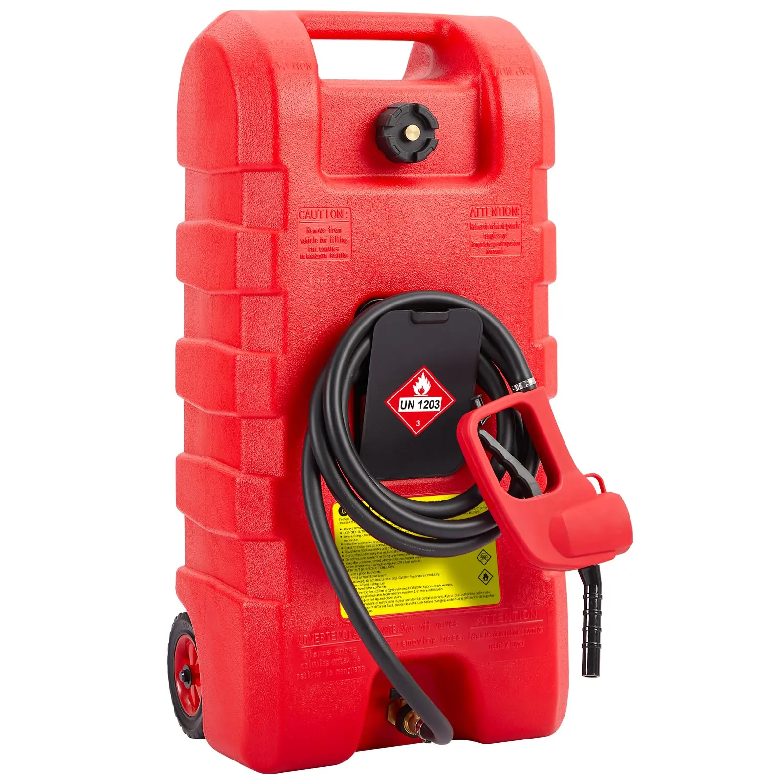15 Gallon Portable Fuel Caddy with 10-ft Hose, Siphon Pump, and 7.5 L/min Manual Nozzle, Available in Gray, Red, and Yellow for Efficient Fuel Transfer and Storage.