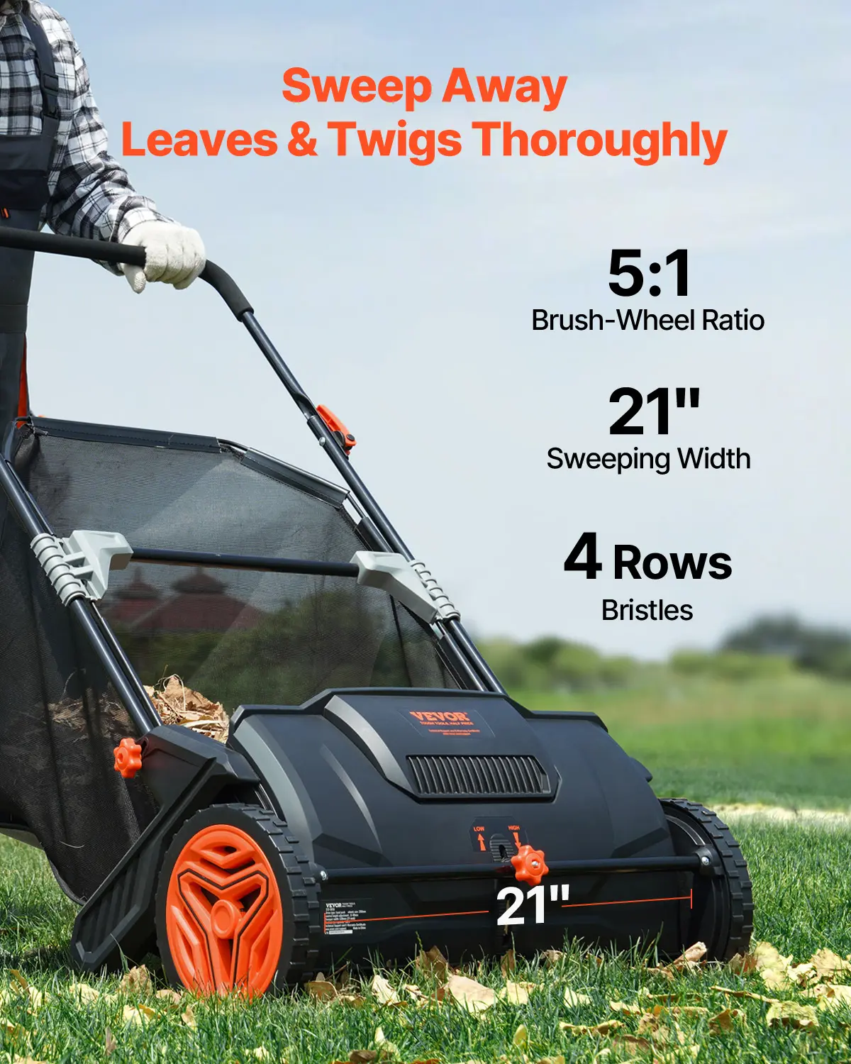 21‑Inch Push Lawn Sweeper Leaf & Grass Collector Tool, 3.5 cu.ft Mesh Hopper Bag, 2 Spinning Brushes, Adjustable Handle for Leaf Cleanup, Wall‑Hangable