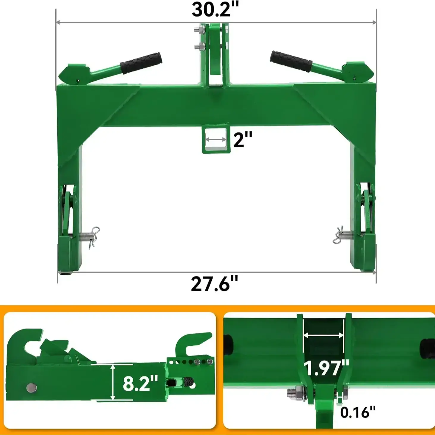 Category 1 3-point quick hitch; 3,000 lb heavy-duty 3-point tractor hitch (with 2-inch receiver); features 5-position adjustable bolts.