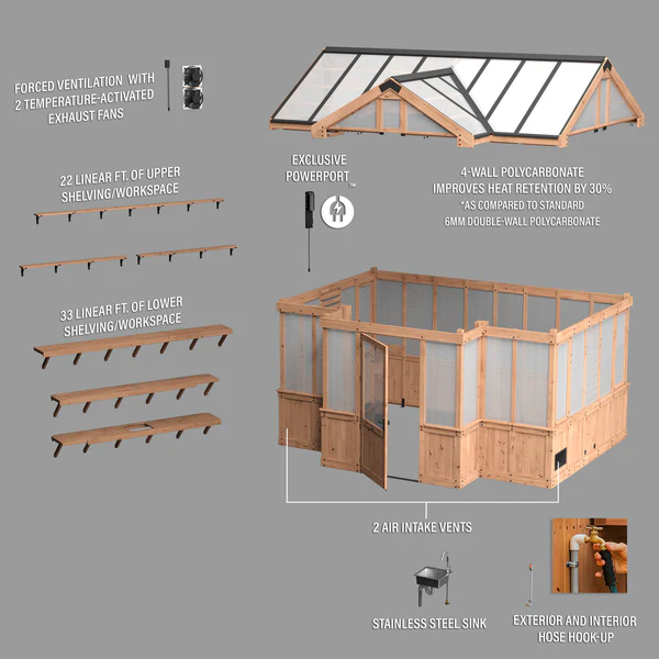 Savannah Chalet-Style 14.5 ft. W x 12 ft. D x 10.5 ft. H Cedar and Polycarbonate Light Brown Greenhouse Kit w/ PowerPort