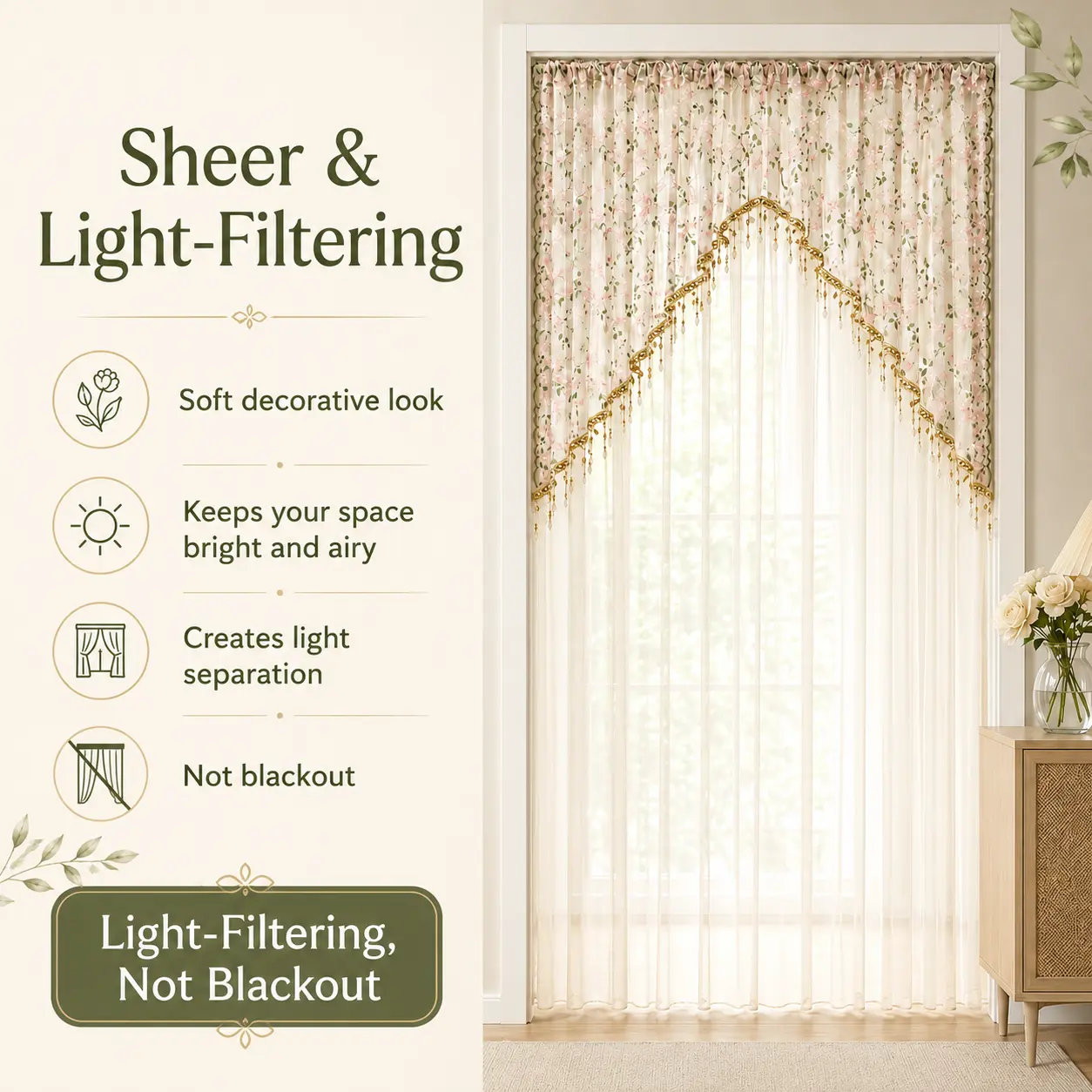 Sheer Floral Door Curtain with Tassel Trim