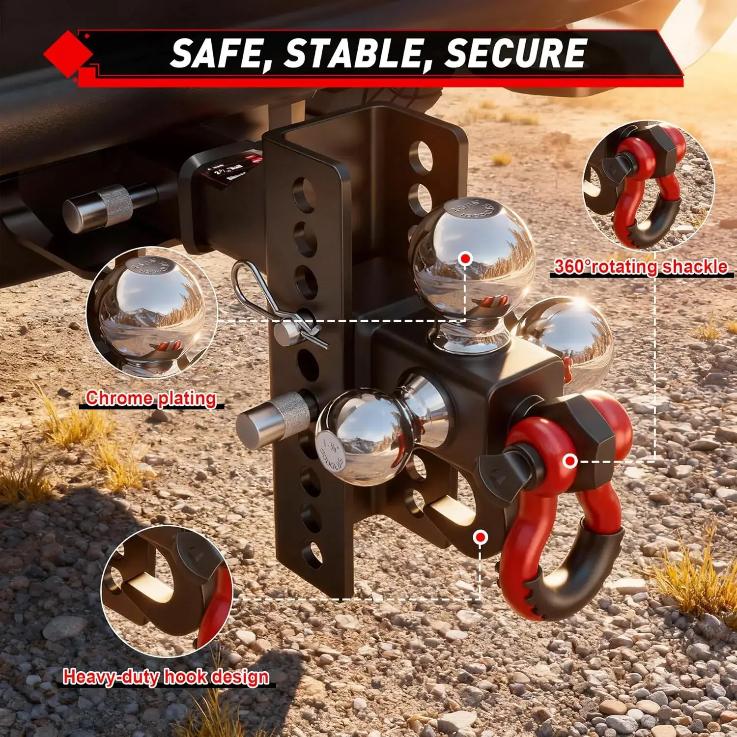 Adjustable Heavy-Duty Tri-Ball Trailer Hitch Mount with Anti-Theft Lock Pins & Rotatable Tow Shackle, No-Rattle Towing for 2