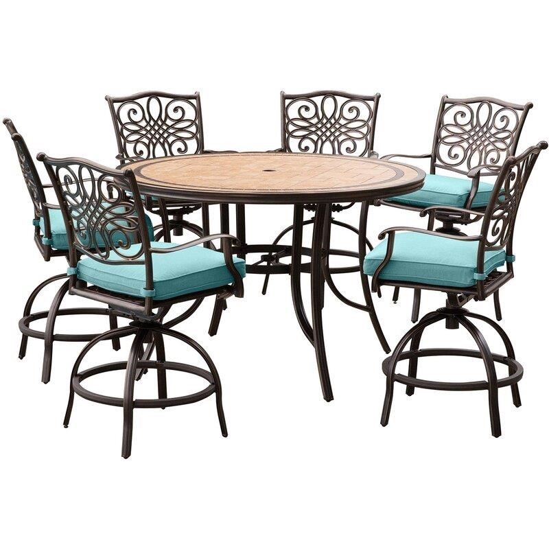 Bucci Round 6 - Person 56'' Long Aluminum Bar Height Dining Set with Cushions