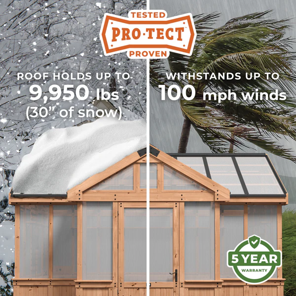 Savannah Chalet-Style 14.5 ft. W x 12 ft. D x 10.5 ft. H Cedar and Polycarbonate Light Brown Greenhouse Kit w/ PowerPort