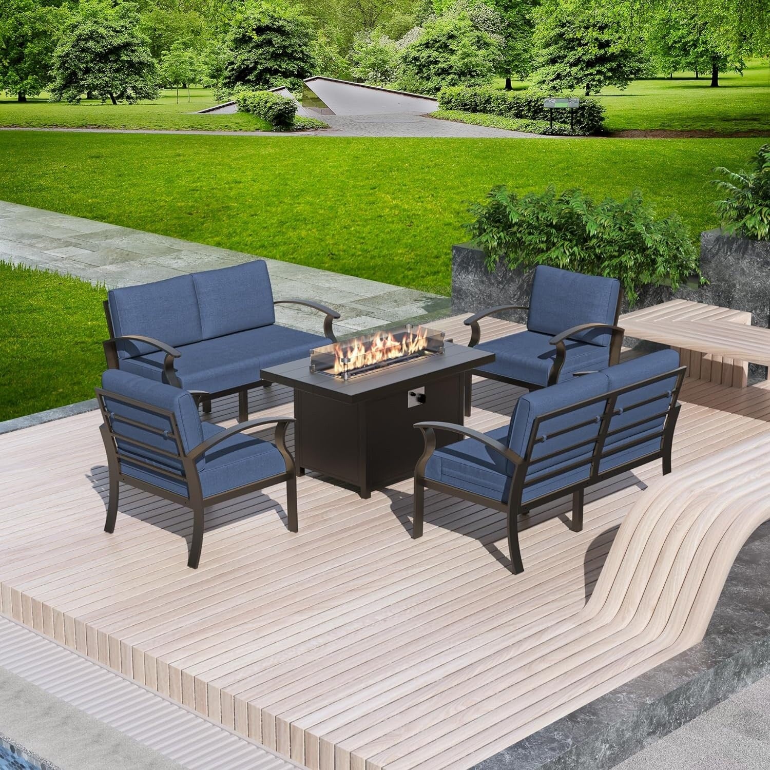 Kullavik Aluminum Outdoor Patio Furniture with Curved Armrests & Firepit Table