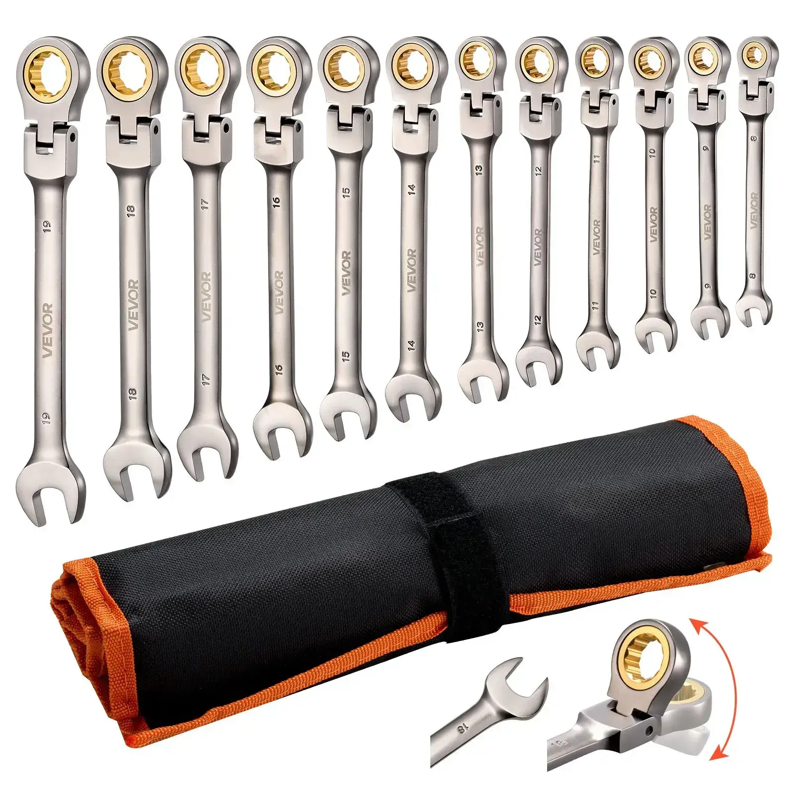 12-Piece Multifunctional Flex-Head Ratcheting Wrench SetMetric 8 mm-19 mm72 Teeth Cr-V Steel Flexible Combination Wrench SetCar & Automotive Tools with Roll Up Pouchfor Household & Automotive RepairsMultifunctional Wrench Set