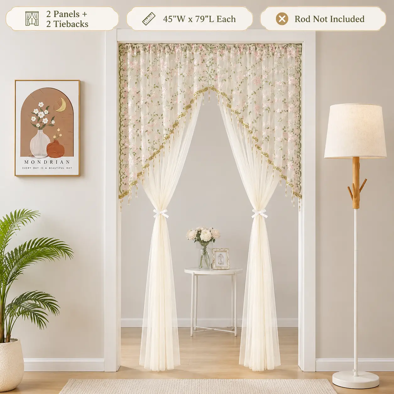 Sheer Floral Door Curtain with Tassel Trim