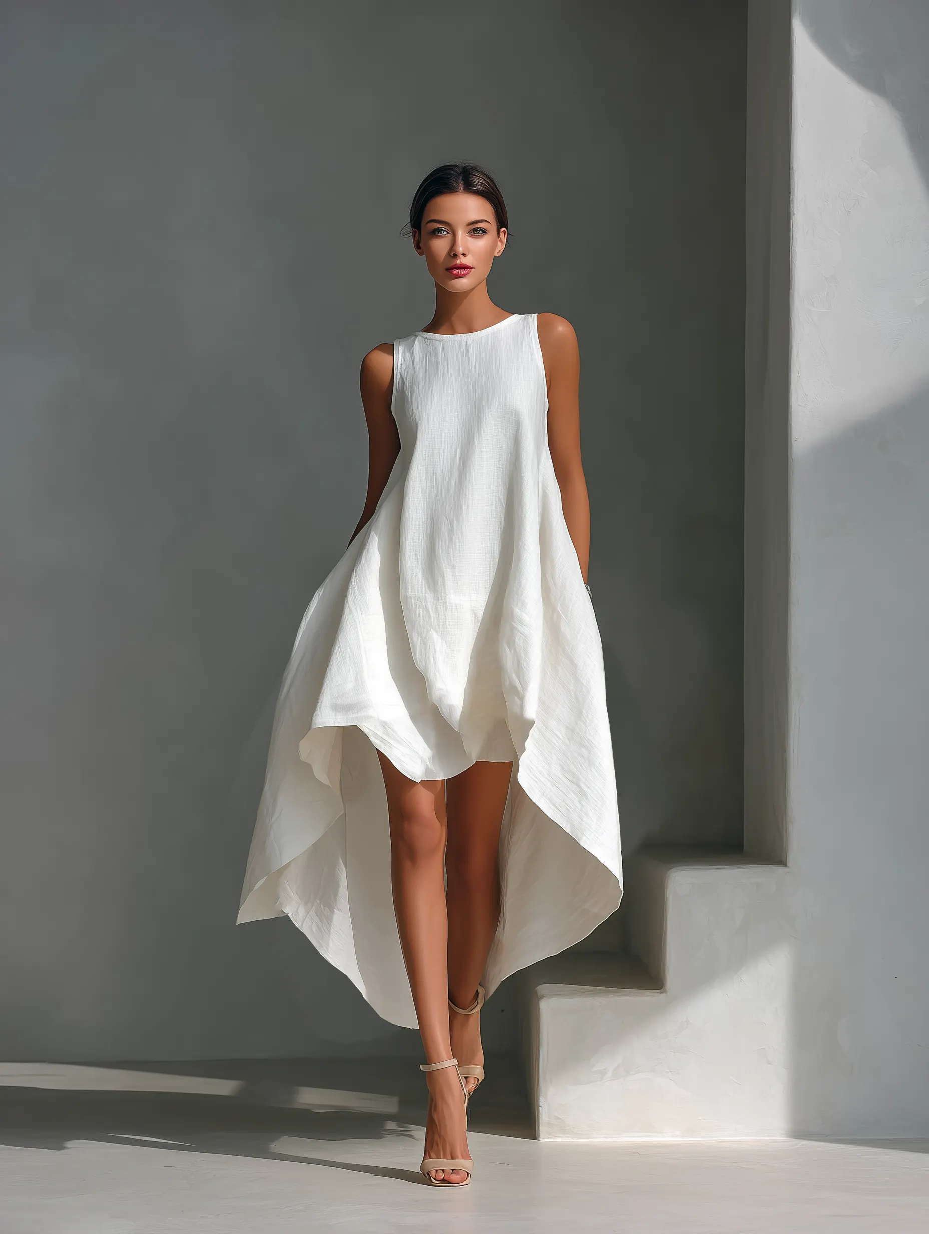 Women's White Linen Fabric Sleeveless Midi Dress With Round Neck