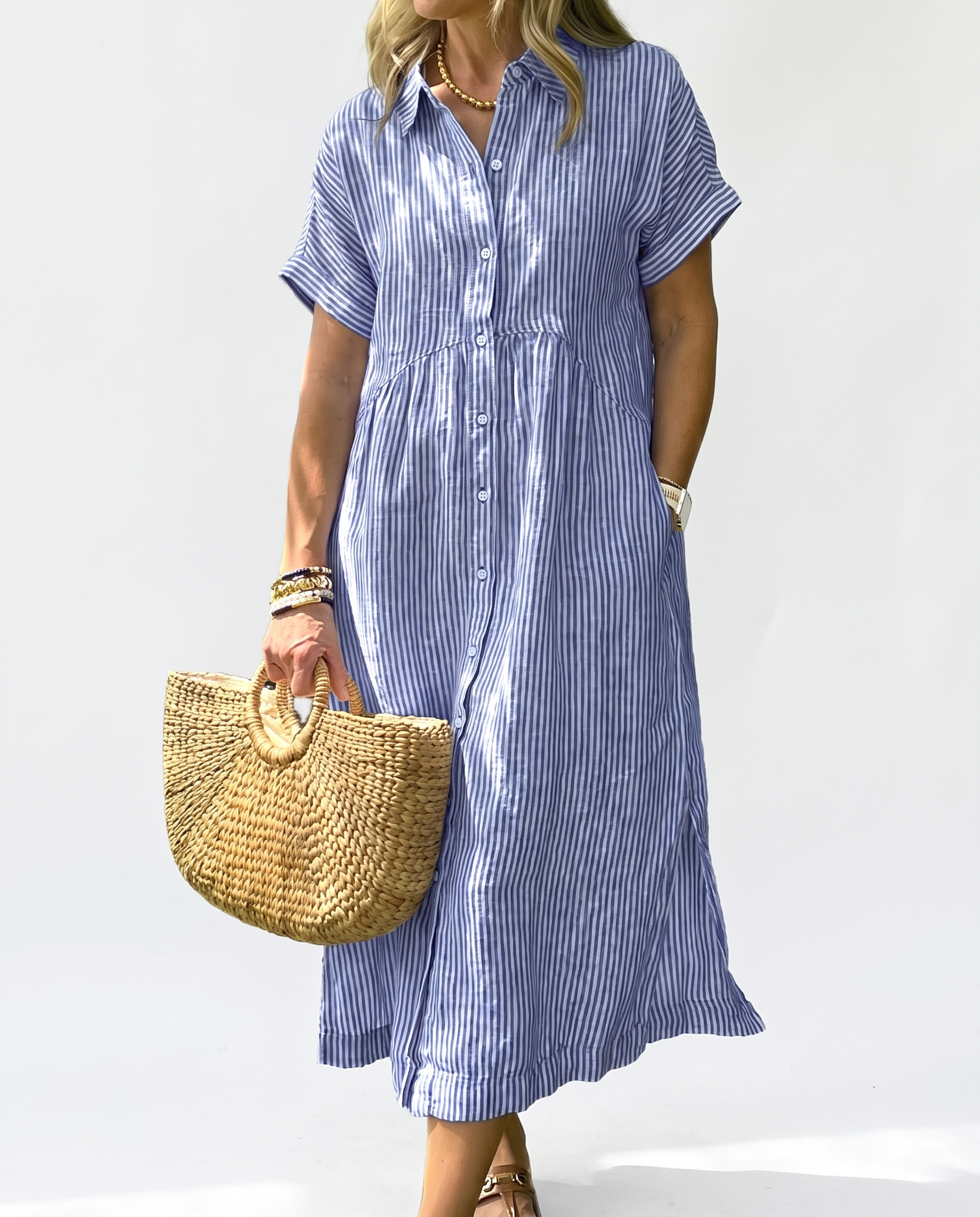 👗 Women's Summer Striped Midi Shirt Dress