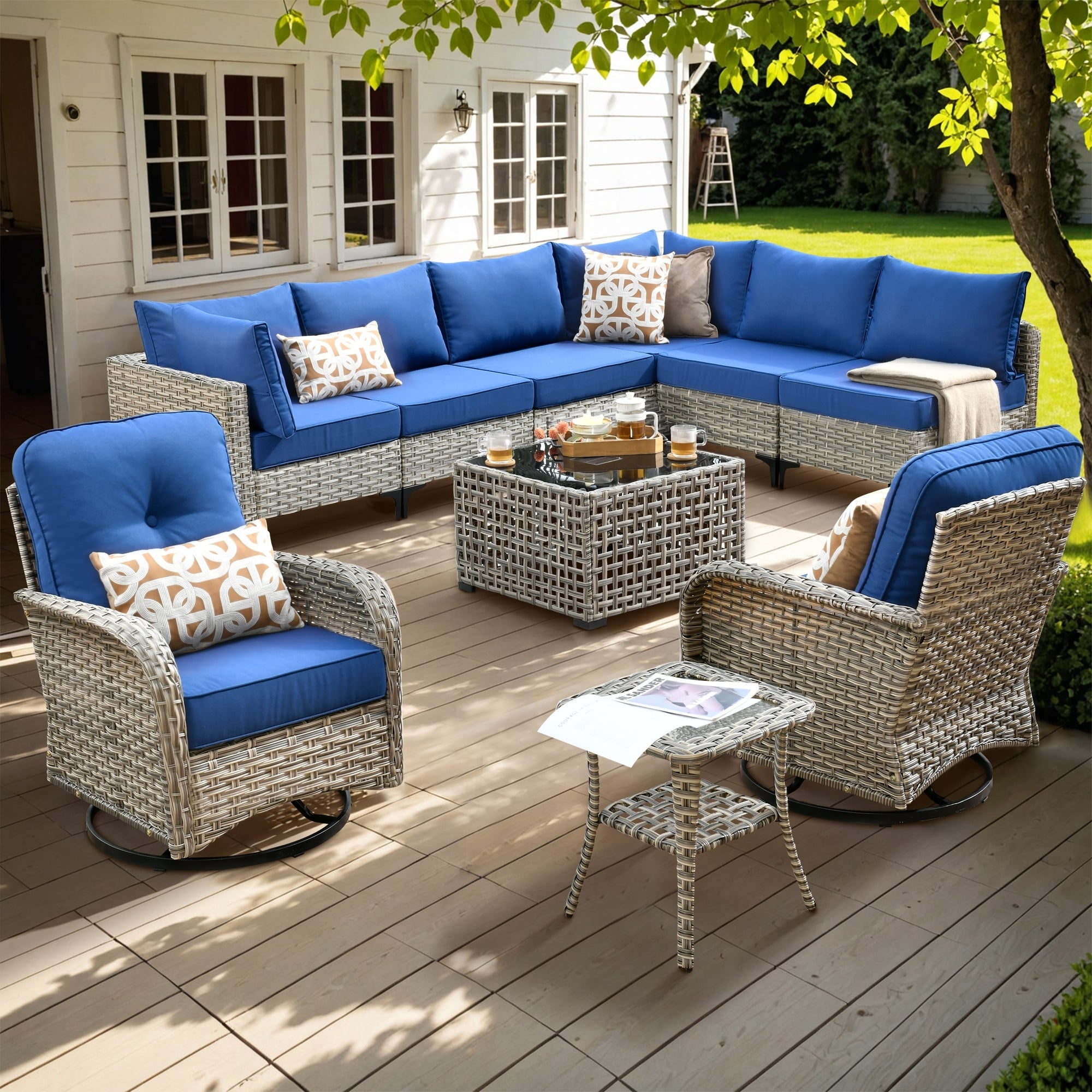 XIZZI 10-piece Patio Furniture Wicker Sectional Set with Swivel Chair