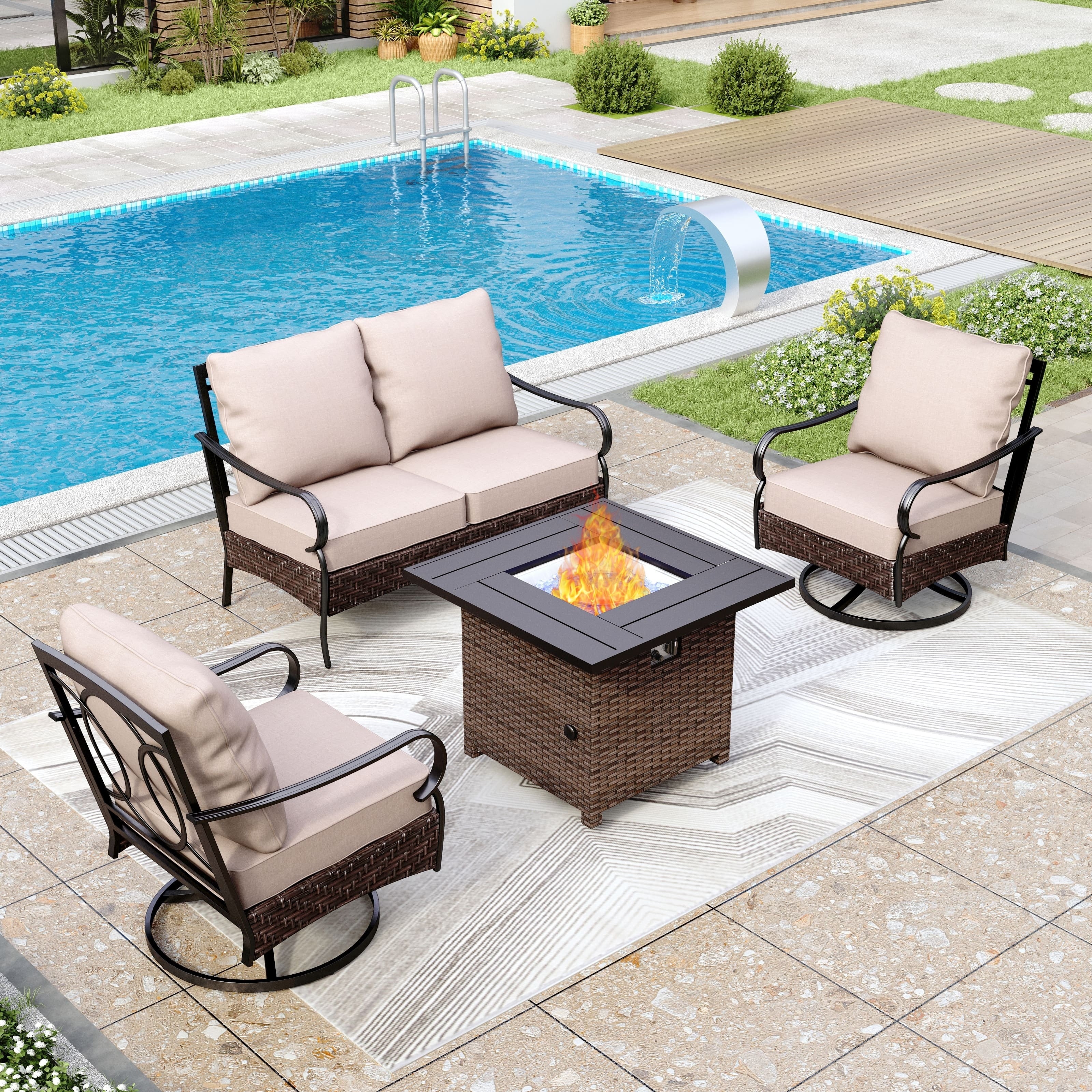 MAISON ARTS Oversized 6-Piece Outdoor Patio Set with Fire Pit - 3-Seater Sofa, 2-Seater Sofa, Swivel Chairs, Ottomans (Beige)