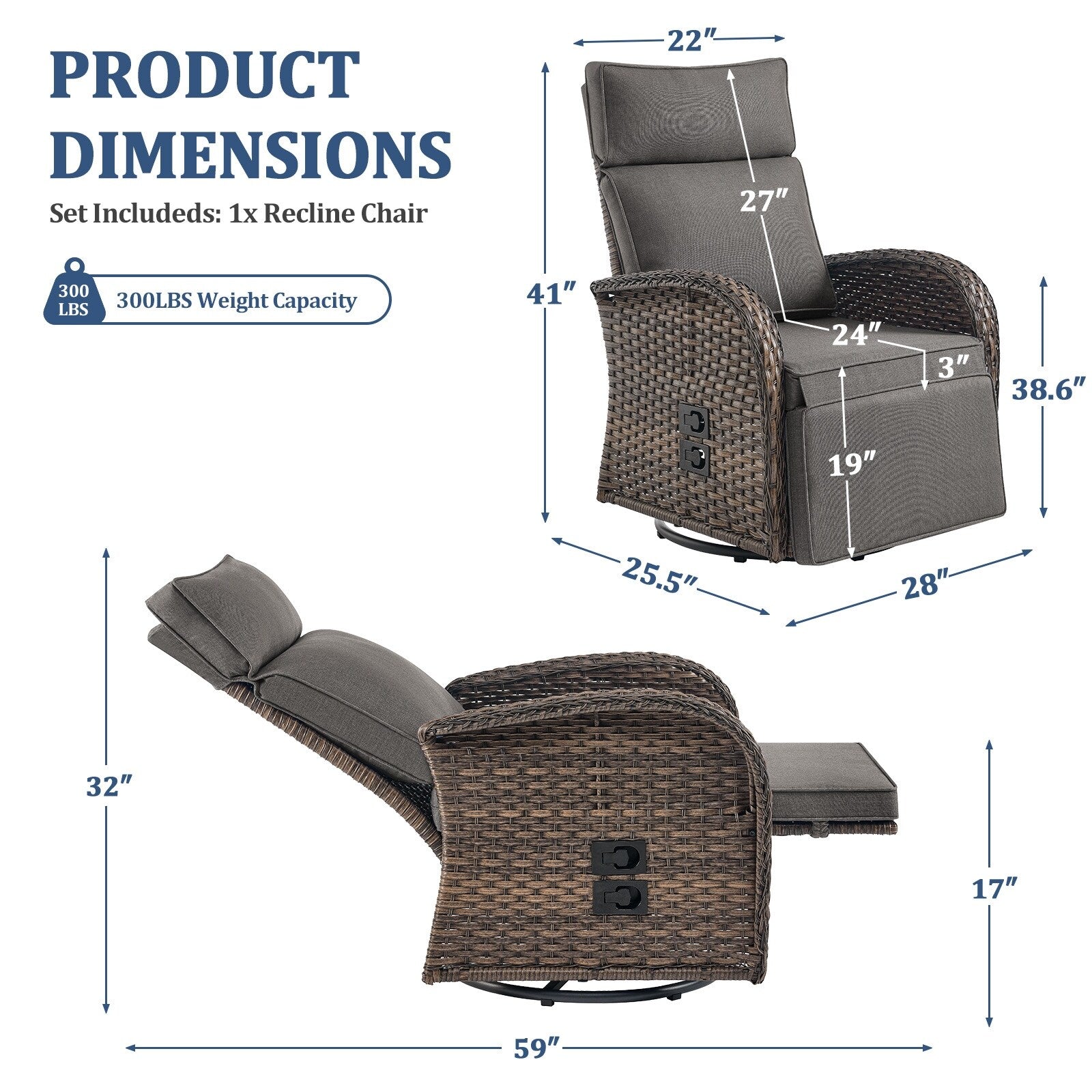 Pocassy Reclining Patio Chair with Adjustable Backrest