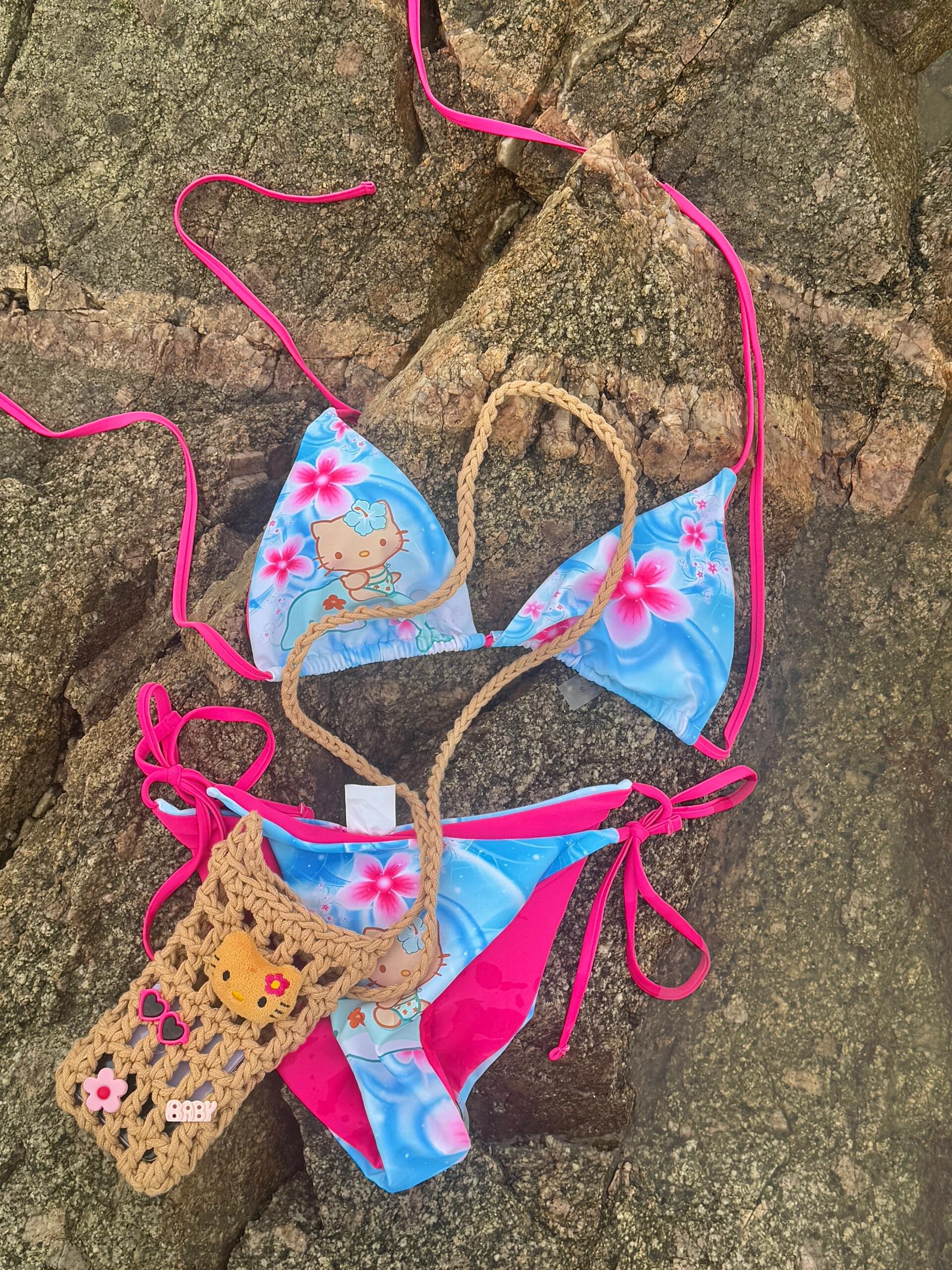 Tan Hellokitty Dolphin Blue Halter Tie Side Triangle Bikini Set