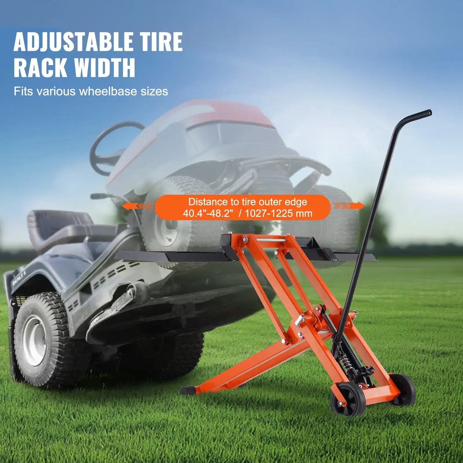 Lawn Mower Lift with Hydraulic Jack,  500 Lbs Weight Capacity, Solid Carbon Steel Lawn Mower Lift, Adjustable Movable Lawn Lifter for Riding Tractors and Zero Turn Lawn Mowers, Orange