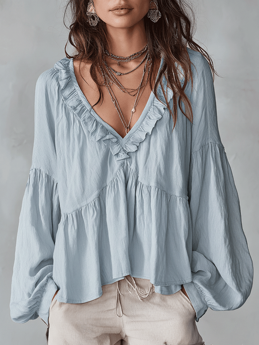 Ruffle Trim V-Neck Peasant Blouse