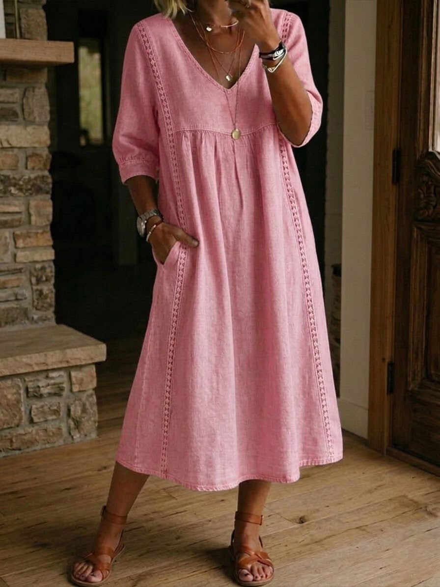 New Arrivals🔥Women's Casual Loose-fitting Patchwork Lace Trim Linen And Cotton Dress