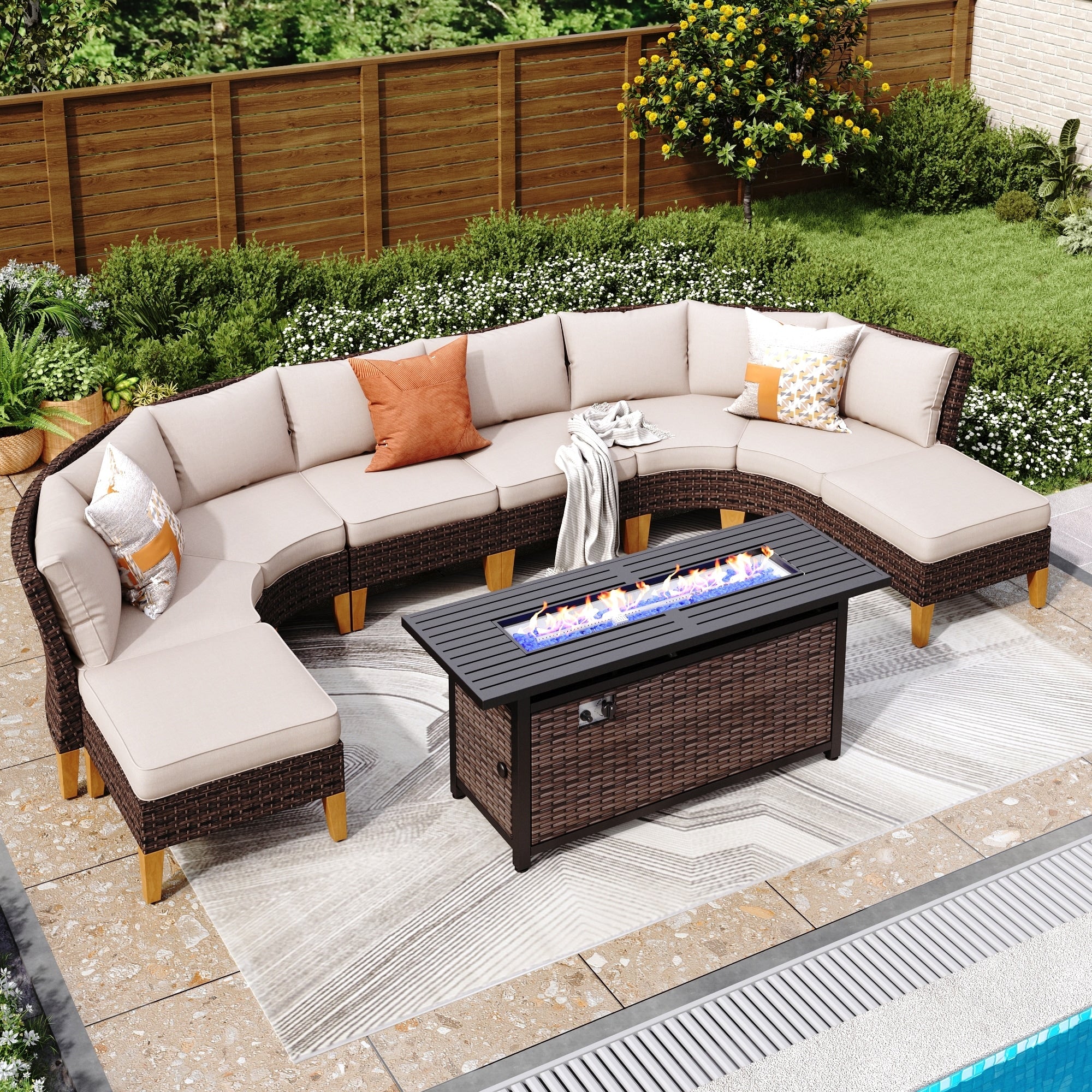 6-11 Piece Patio Outdoor Wicker Sectional Sofa Half-Moon Furniture Set Large Seating Conversation Sets with Fire Pit Table