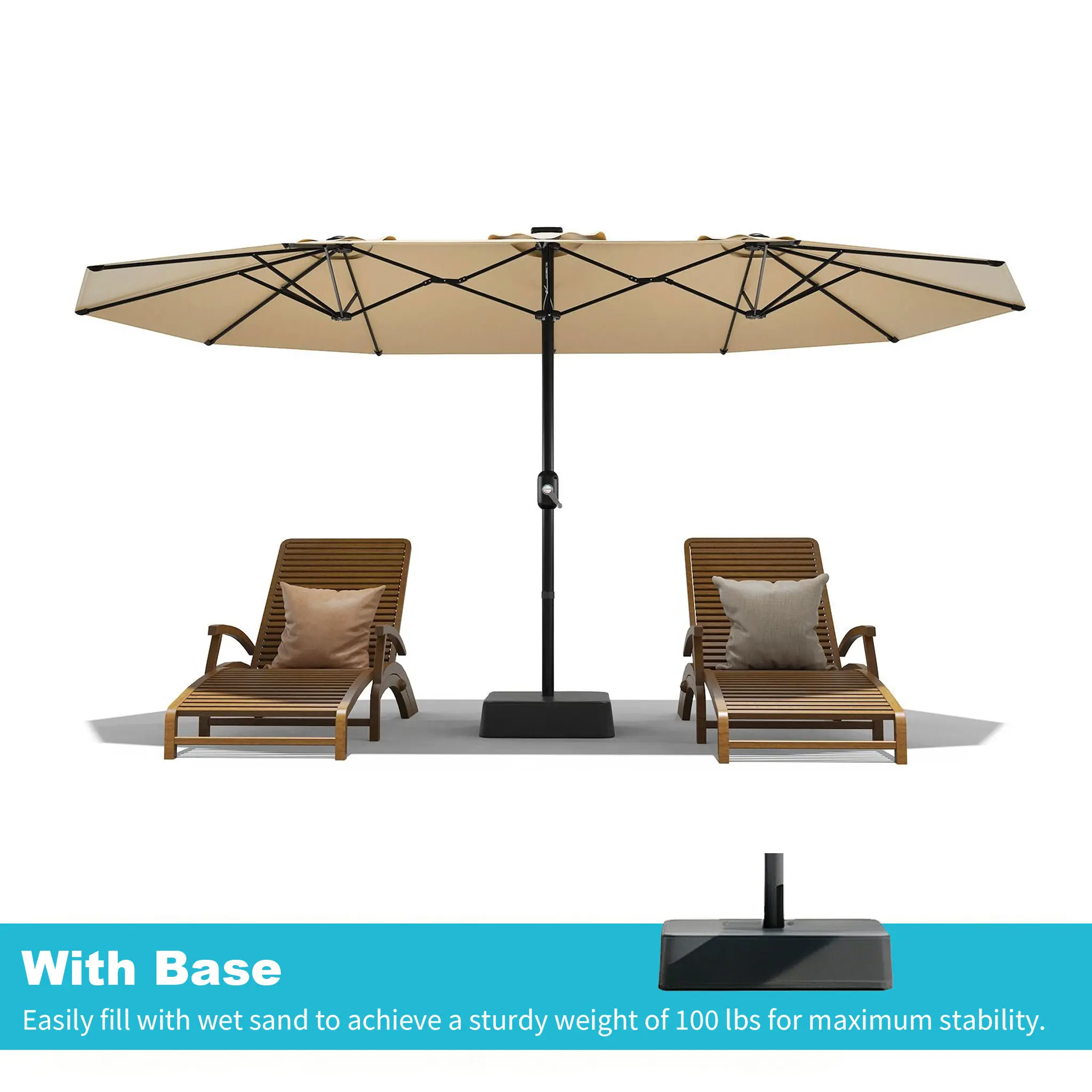 15ft Large Outdoor Patio Umbrella with Base – LED Light Option, Double-Sided, Crank Handle, Waterproof, Comes with Weighted Base and Sandbag, Accommodates 10 People