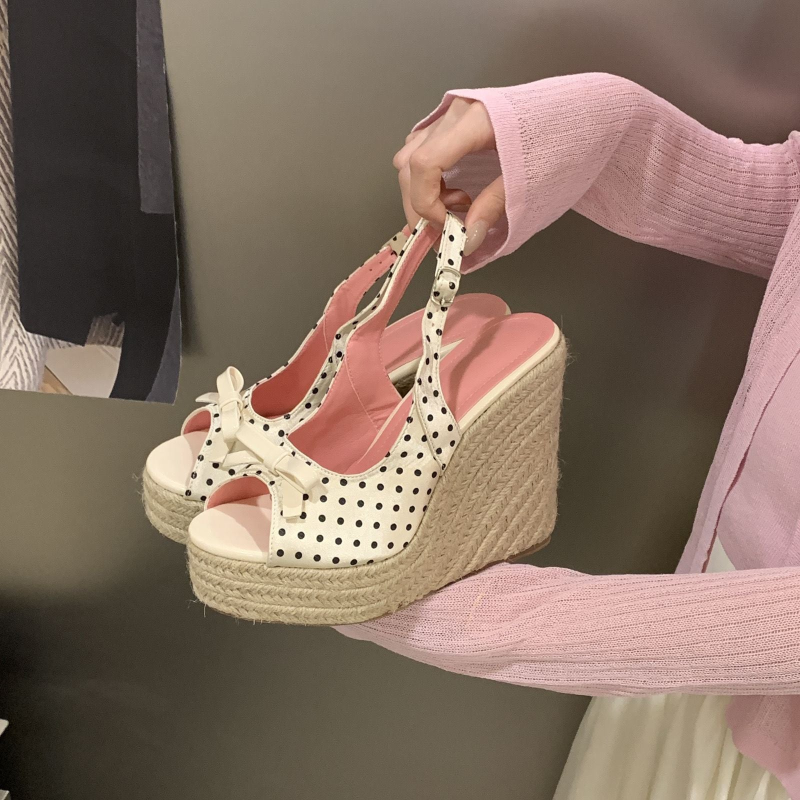 Polka Dot Back Adjustable Strap Straw Woven Classic Wedge Sandals Slingback Platform High Pumps Party Dress Casual Sandals 3 inches