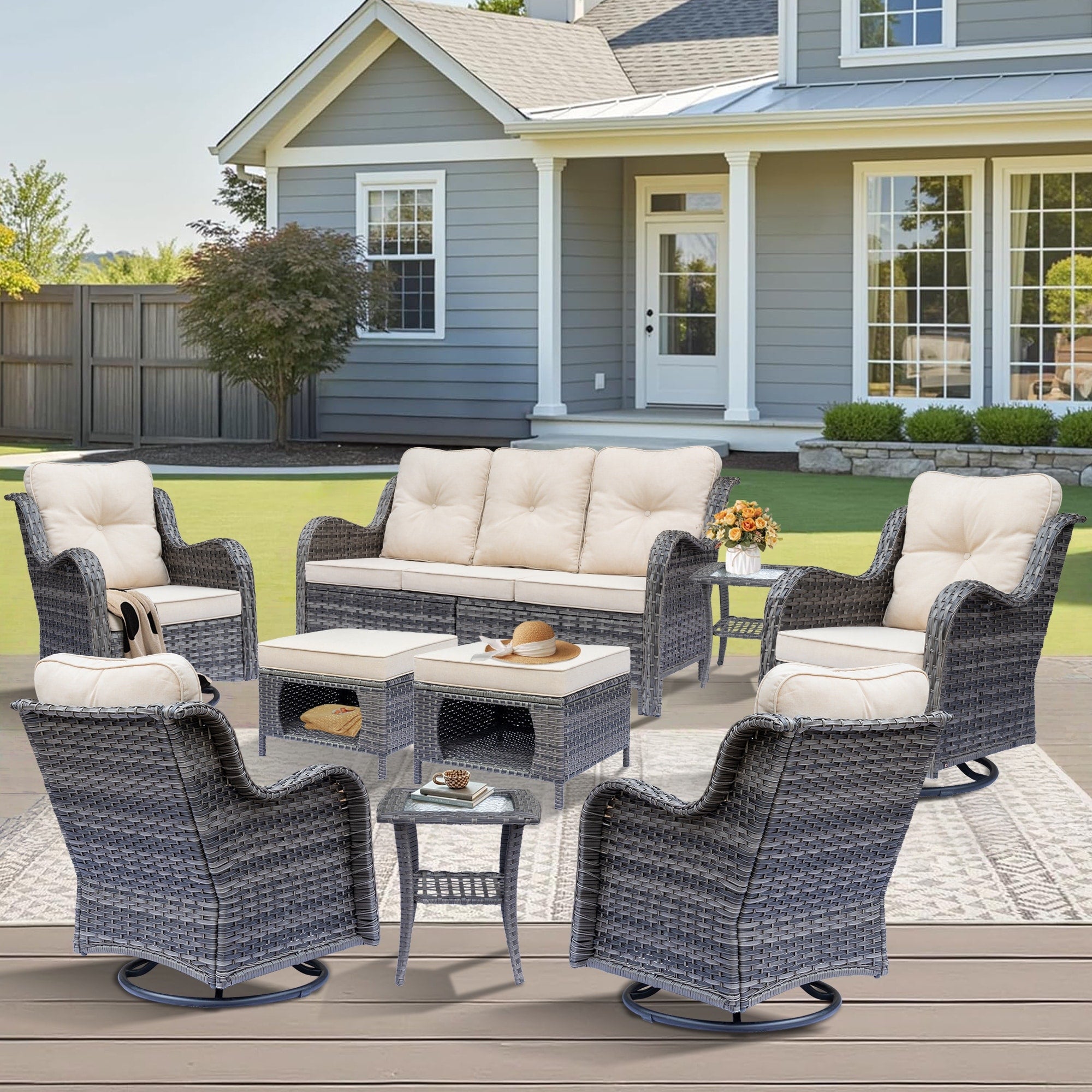 Outdoor Patio Furniture Set-Wicker Patio Conversation Swivel Chair Set