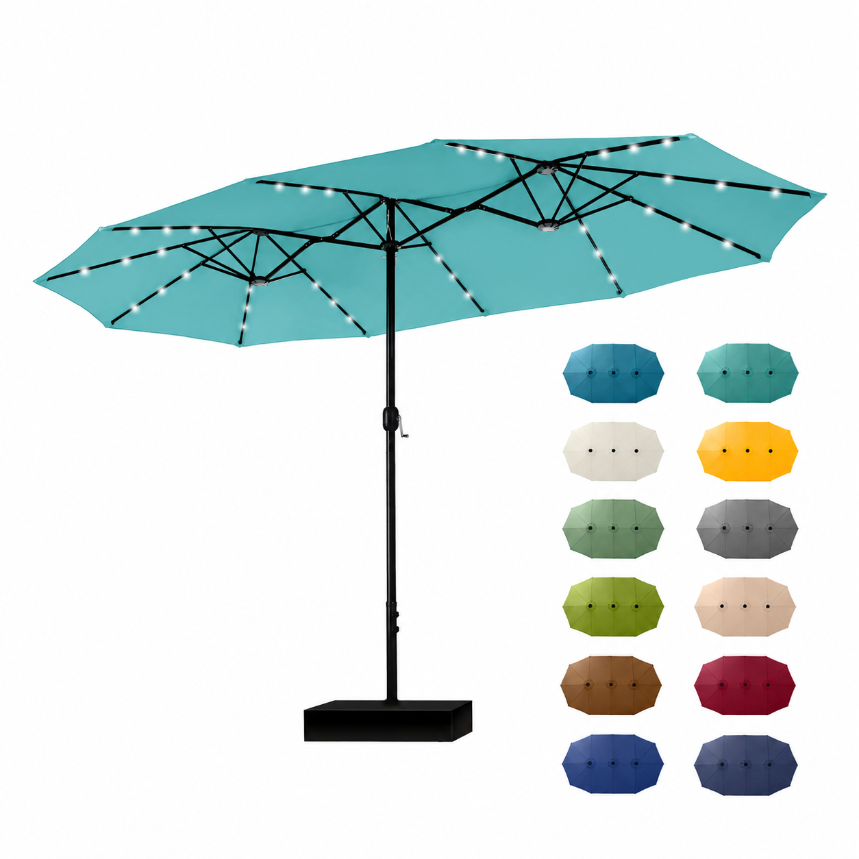 15ft Large Outdoor Patio Umbrella with Base – LED Light Option, Double-Sided, Crank Handle, Waterproof，Comes with Weighted Base and Sandbag, Accommodates 10 People, Great for Poolside, Garden, Lawn, Backyard, Deck and Beach