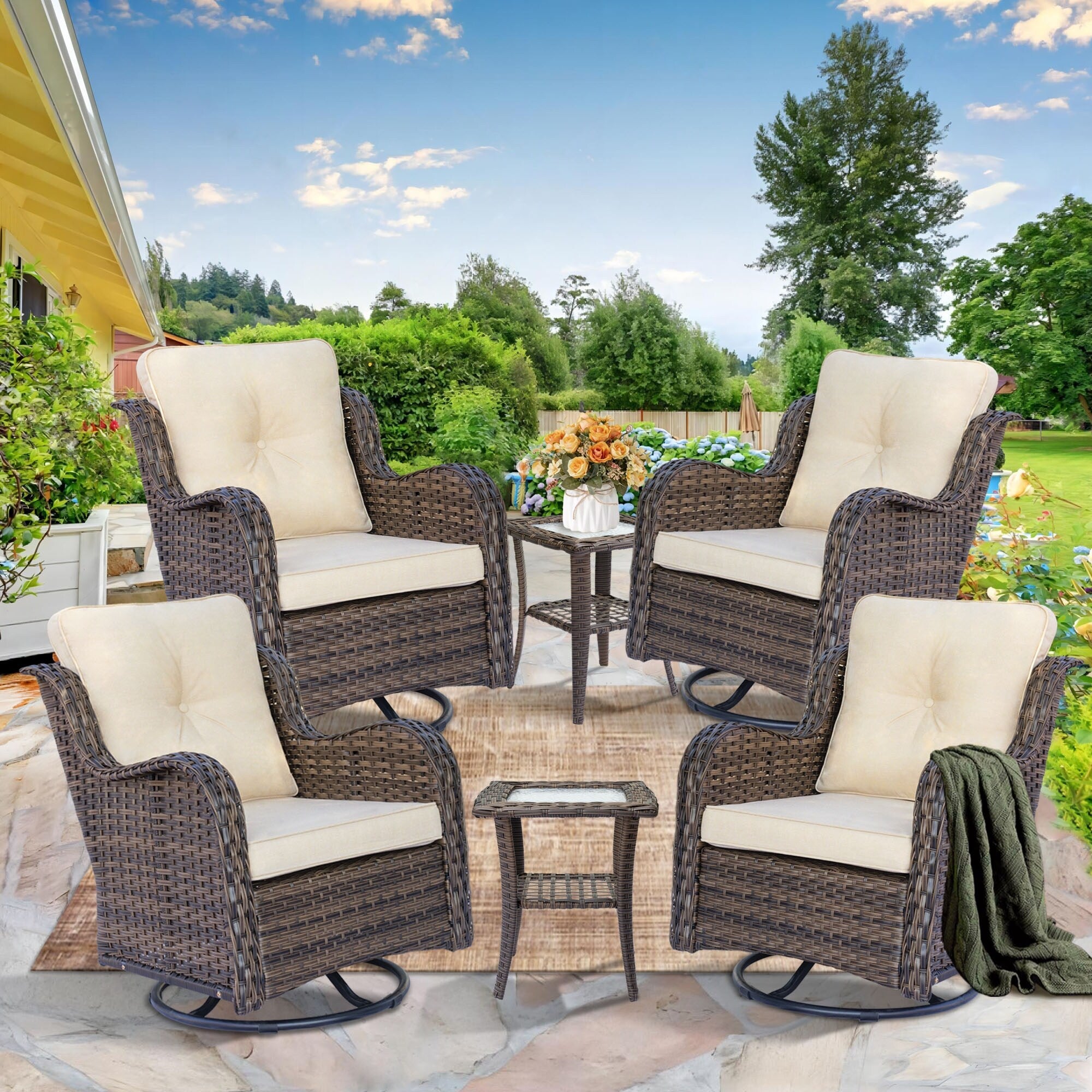 Outdoor Patio Furniture Set-Wicker Patio Conversation Swivel Chair Set
