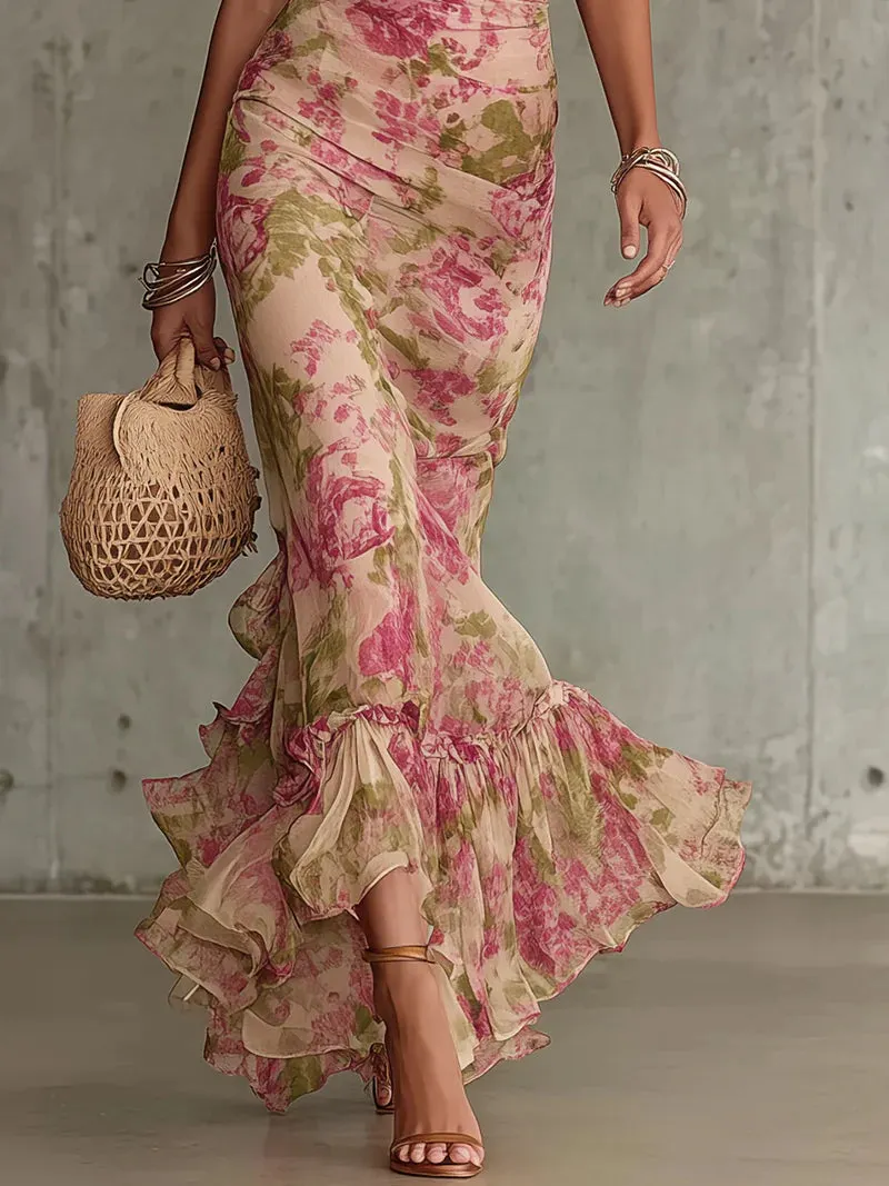 Vintage Rose Print Maxi Dress With Puff Sleeves(Accessories not included)
