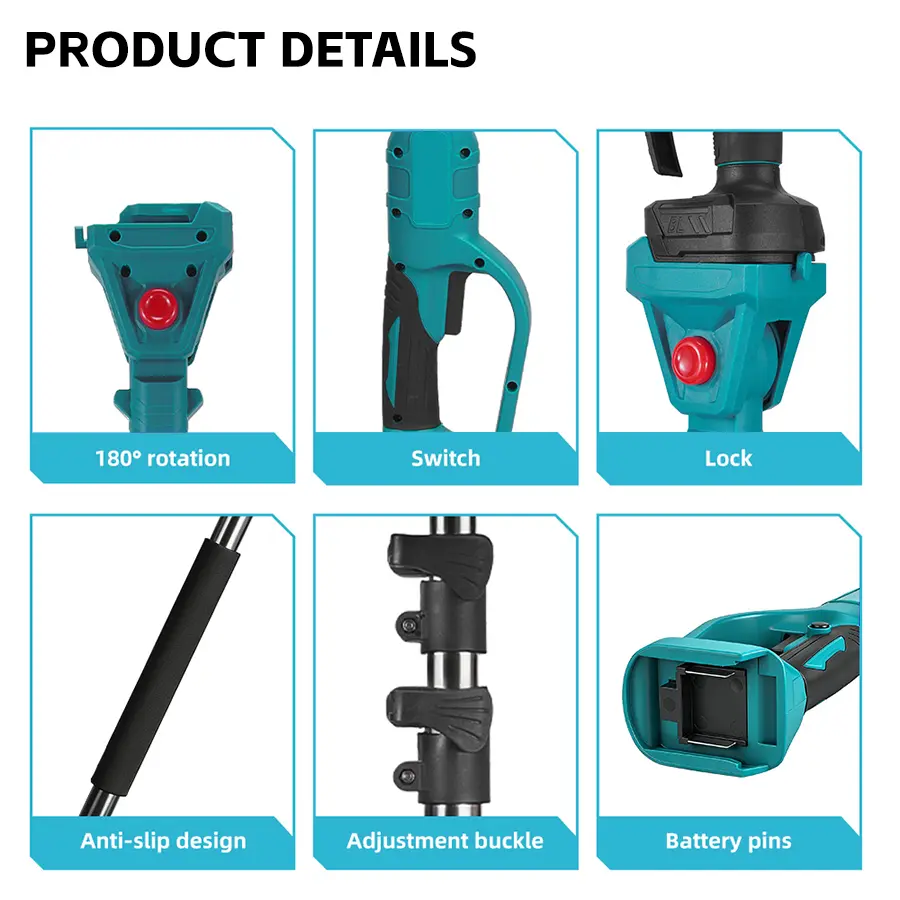 Pole saw rotation switch lock grip and battery connection details
