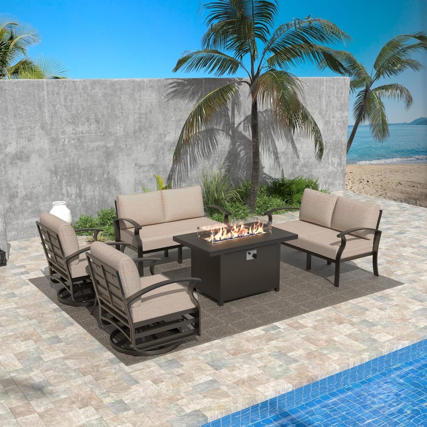 Kullavik Aluminum Outdoor Patio Furniture with Curved Armrests & Firepit Table