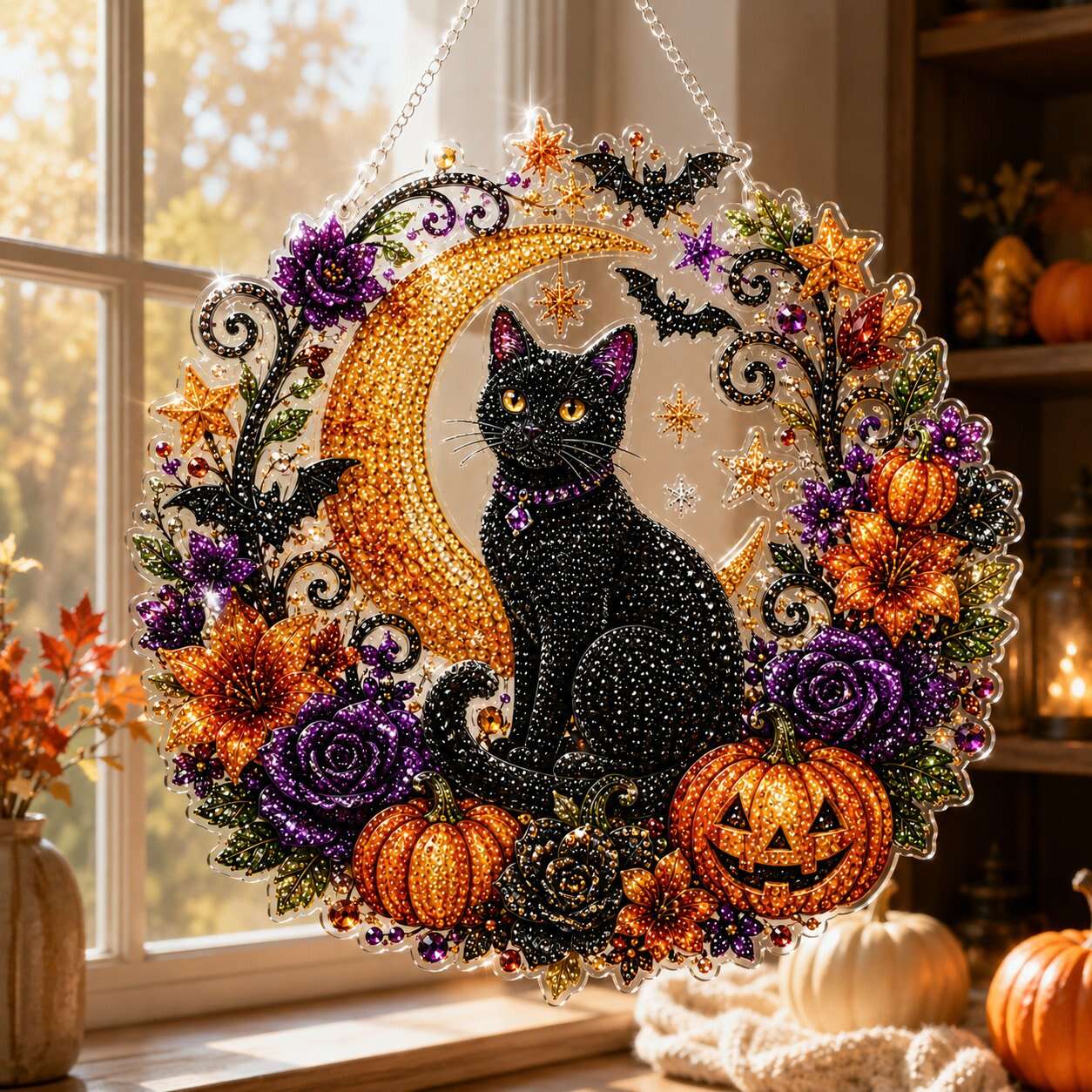 🎃Black Cat Moon Diamond Art Hanging Ornament Kit – Relaxing DIY Halloween Craft 🎃💎