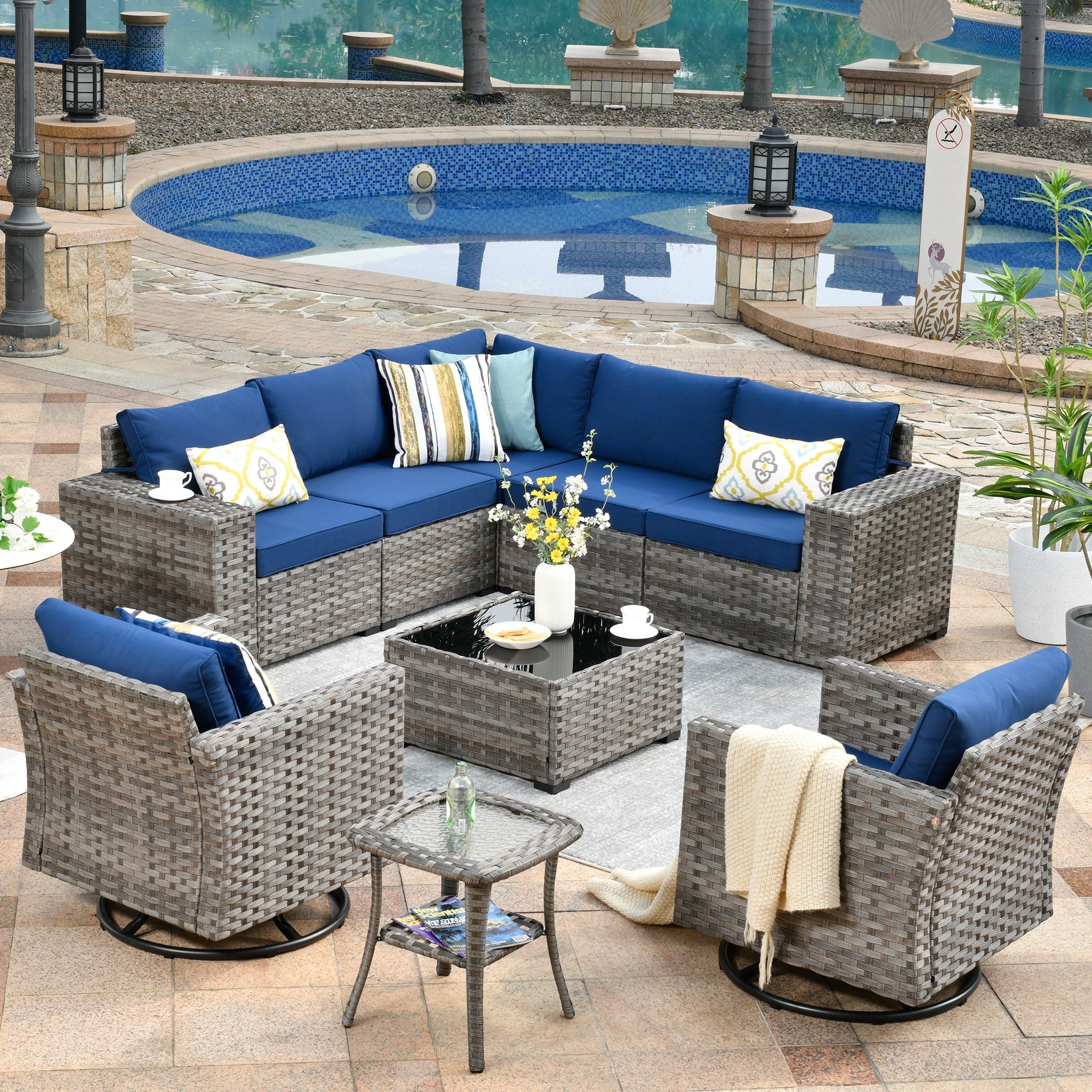 OVIOS 9-piece Patio Wicker Swivel Rocking Chair Set with Glass-Top Tables