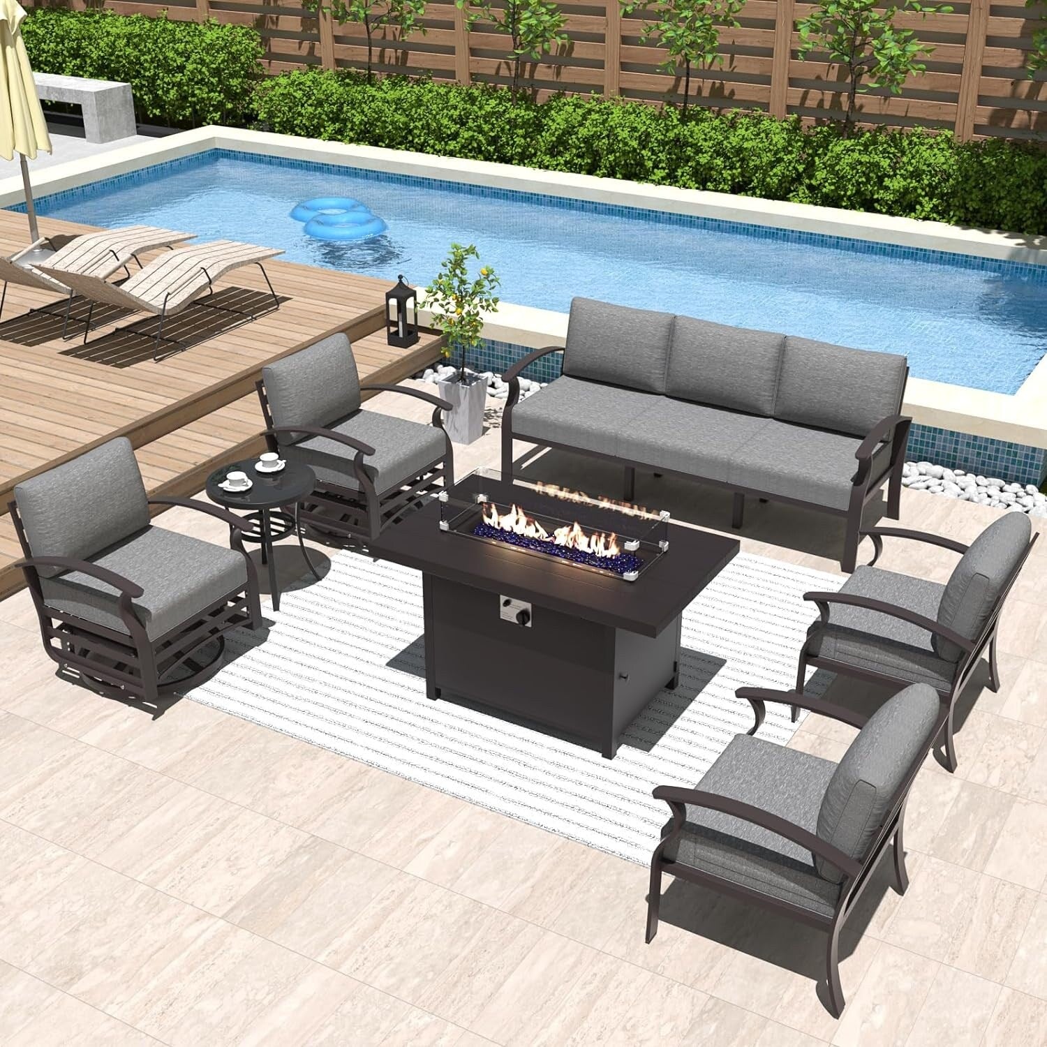 Kullavik Aluminum Outdoor Patio Furniture with Curved Armrests & Firepit Table