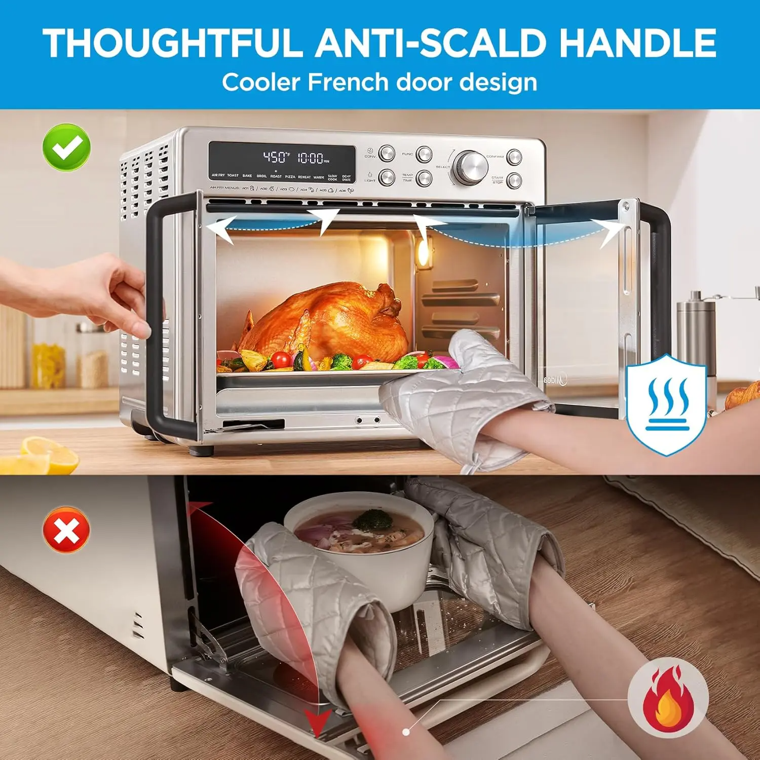 26.4 QT French Door Air Fryer Toaster Oven Combo, 10-in-1 Large Countertop Oven