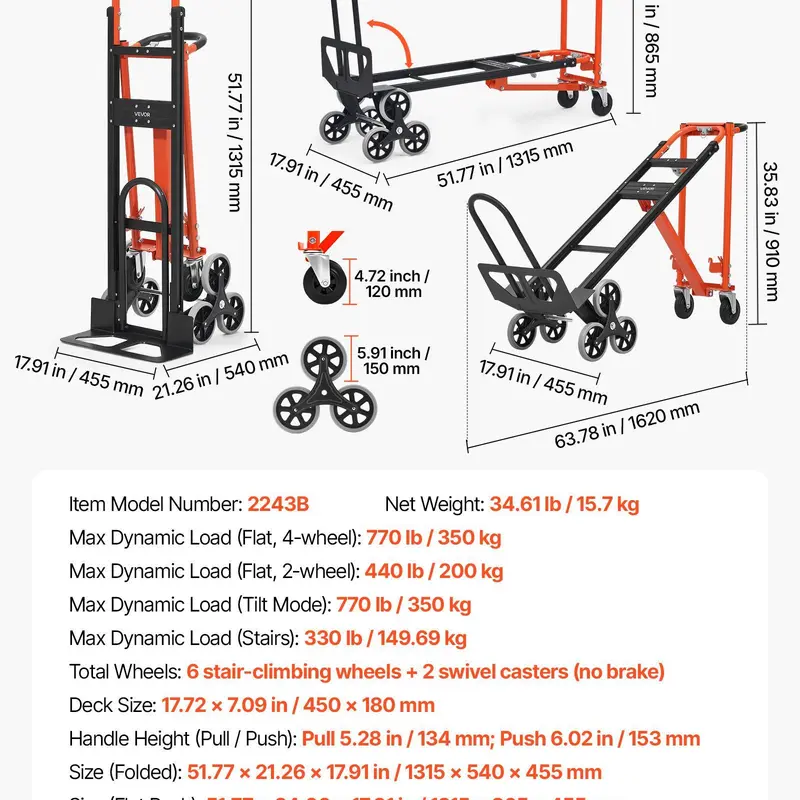 3 In 1 Industrial Stair Climbing Cart, 770 lbs