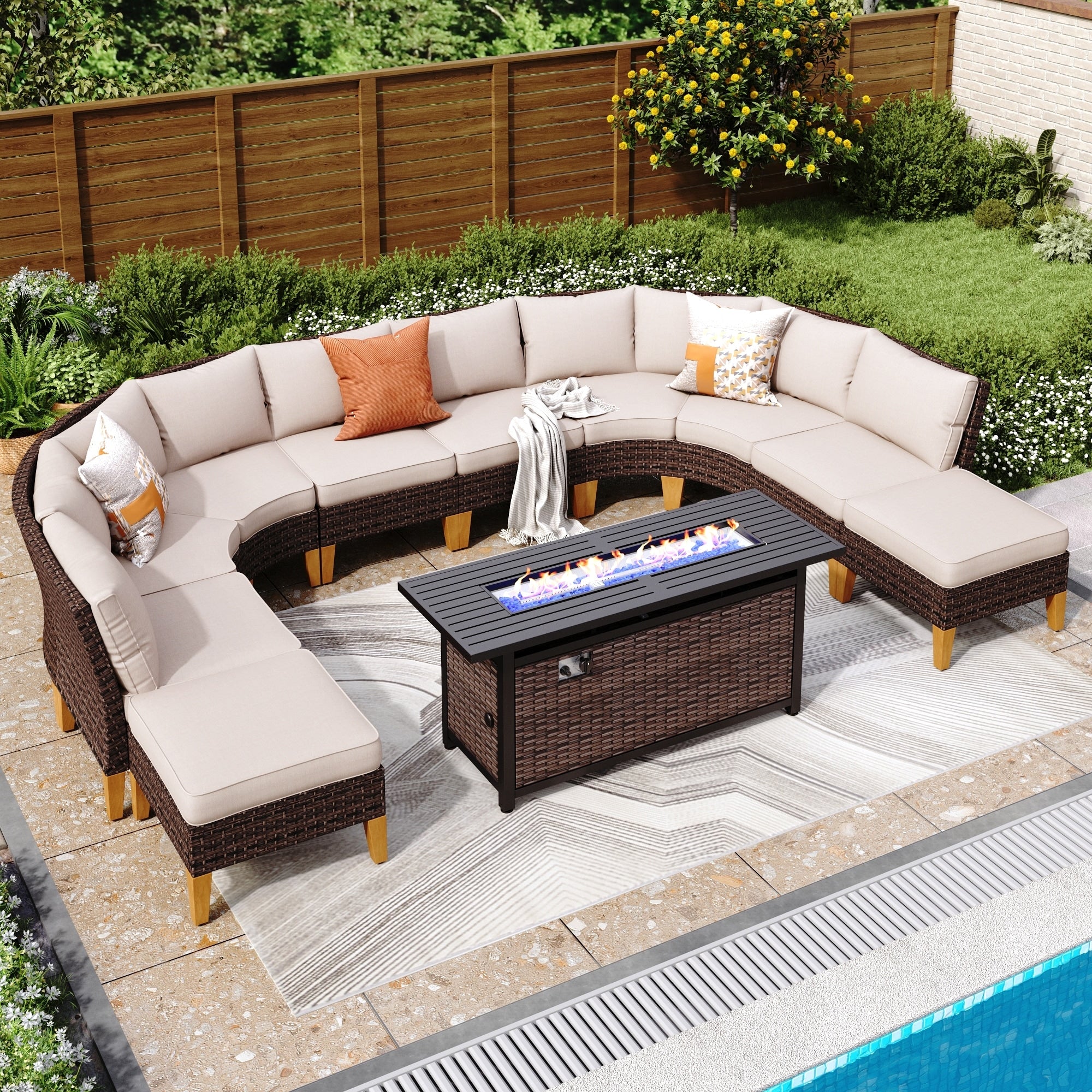 6-11 Piece Patio Outdoor Wicker Sectional Sofa Half-Moon Furniture Set Large Seating Conversation Sets with Fire Pit Table