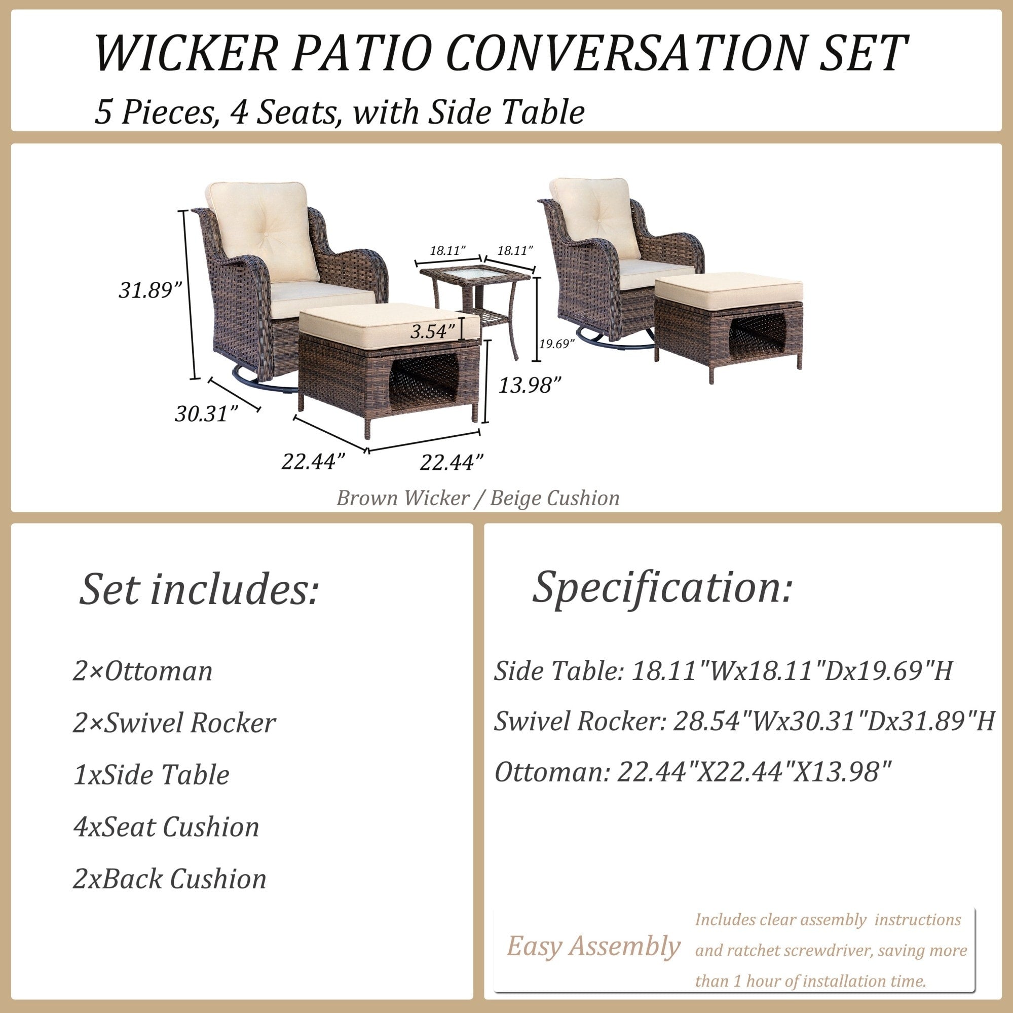 Outdoor Patio Furniture Set-Wicker Patio Conversation Swivel Chair Set