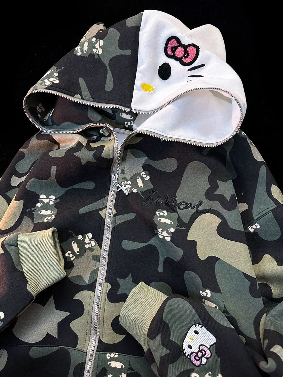 Hellokitty Camouflage Drawstring Zip Up Oversized Hoodies Jacket