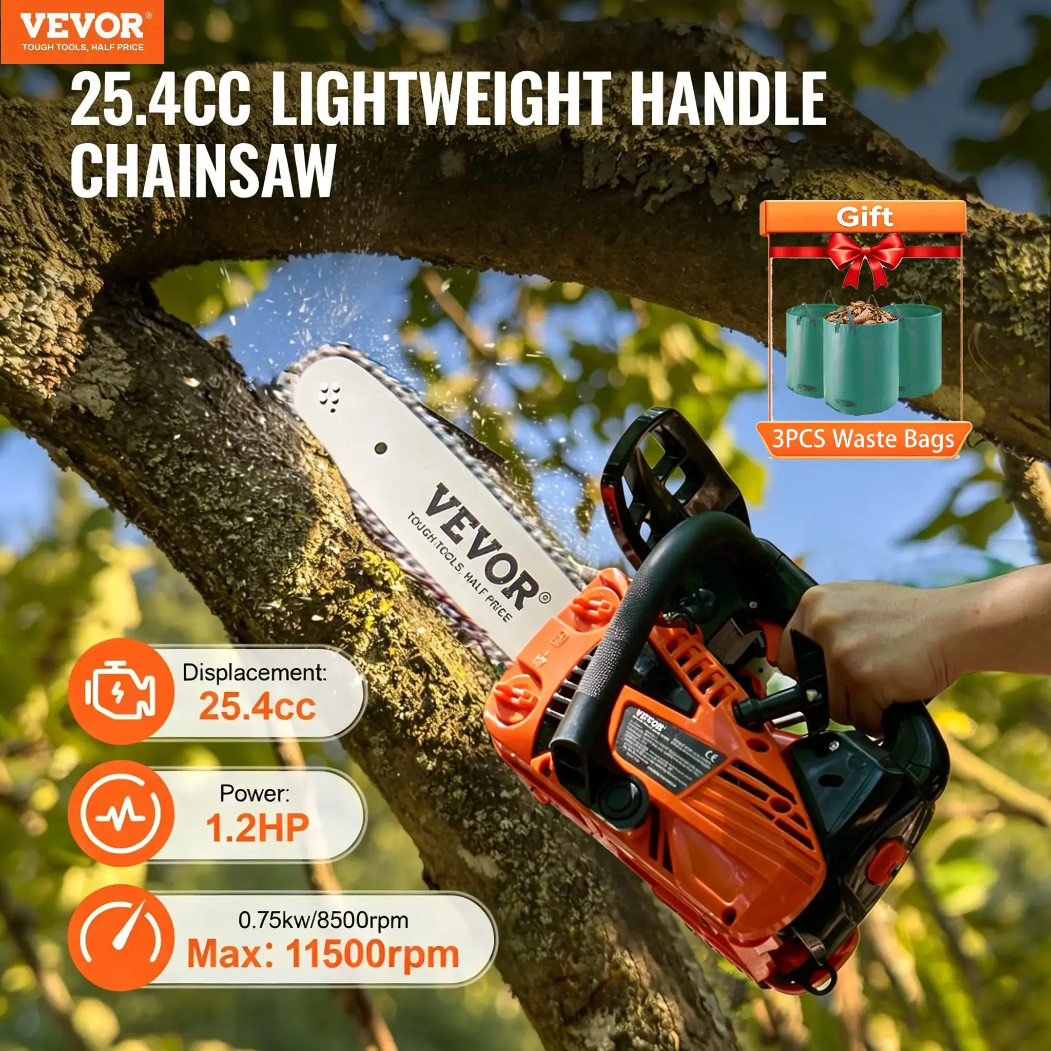 Gas Chainsaw 12-inch 25.4CC 1.2HP Handheld Tree Cutting Tool