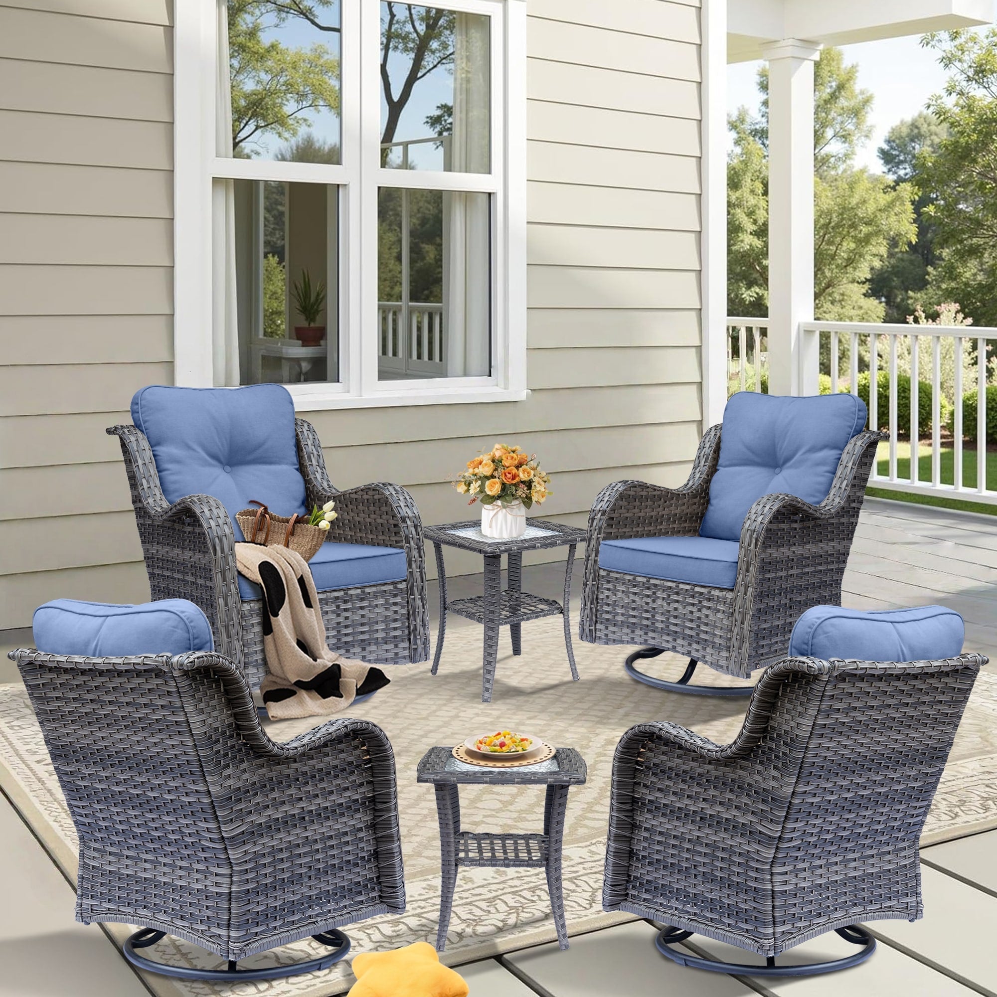 Outdoor Patio Furniture Set-Wicker Patio Conversation Swivel Chair Set