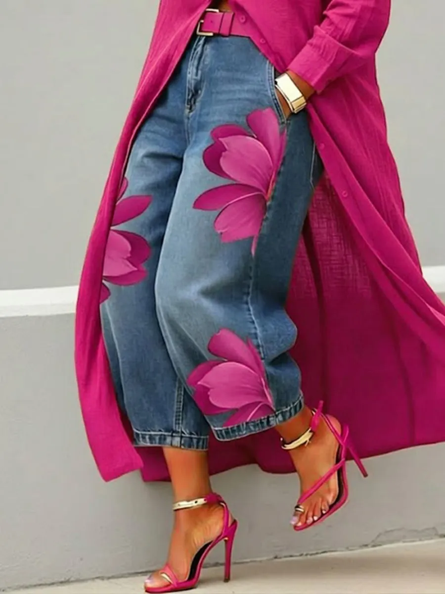 👖Women's Artistic Red Blossom Wide Leg Jeans
