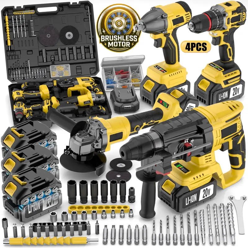 🛠️ Special Offer — 4-in-1 Brushless Cordless Tool Kit with Drill, Rotary Hammer, Grinder & Impact Wrench + 3 × 4.0Ah Batteries 🔋