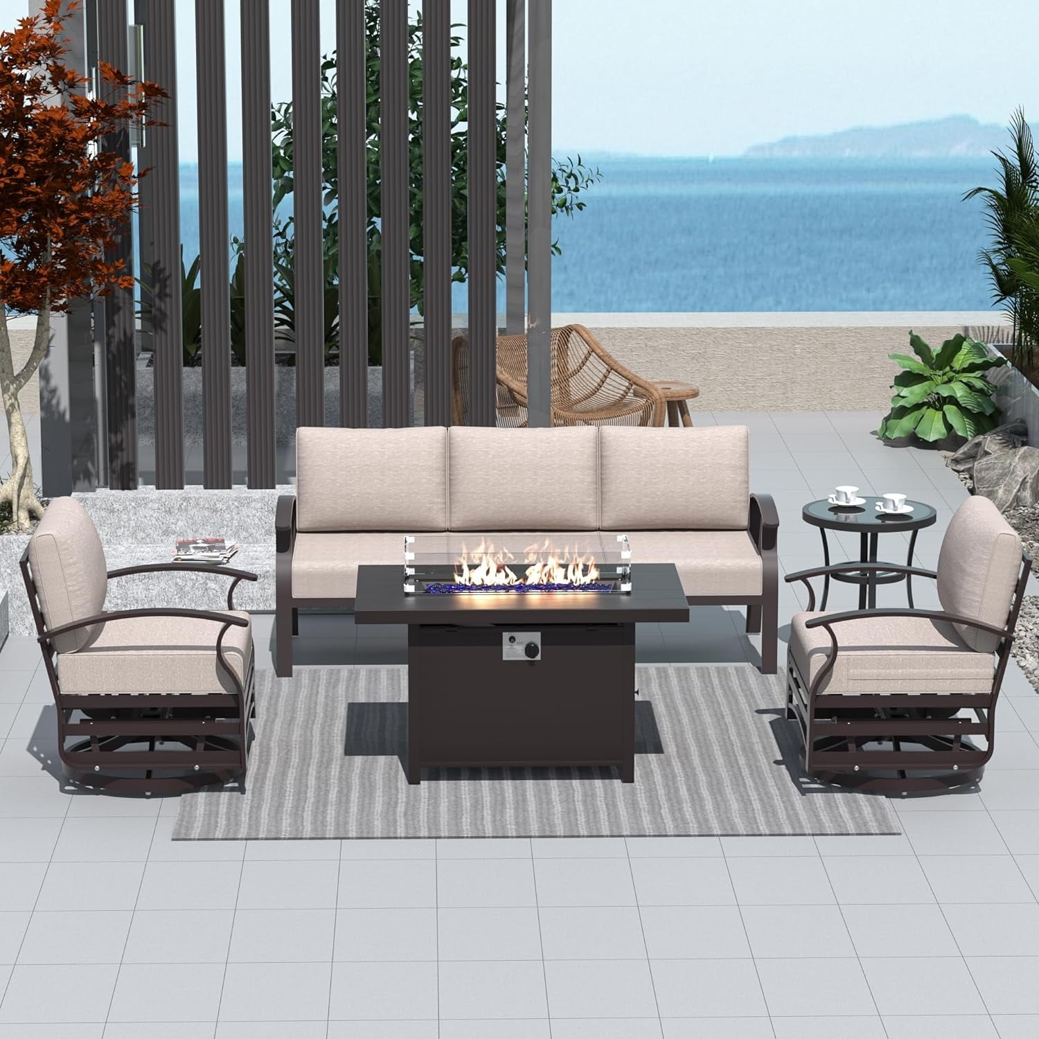 Kullavik Aluminum Outdoor Patio Furniture with Curved Armrests & Firepit Table