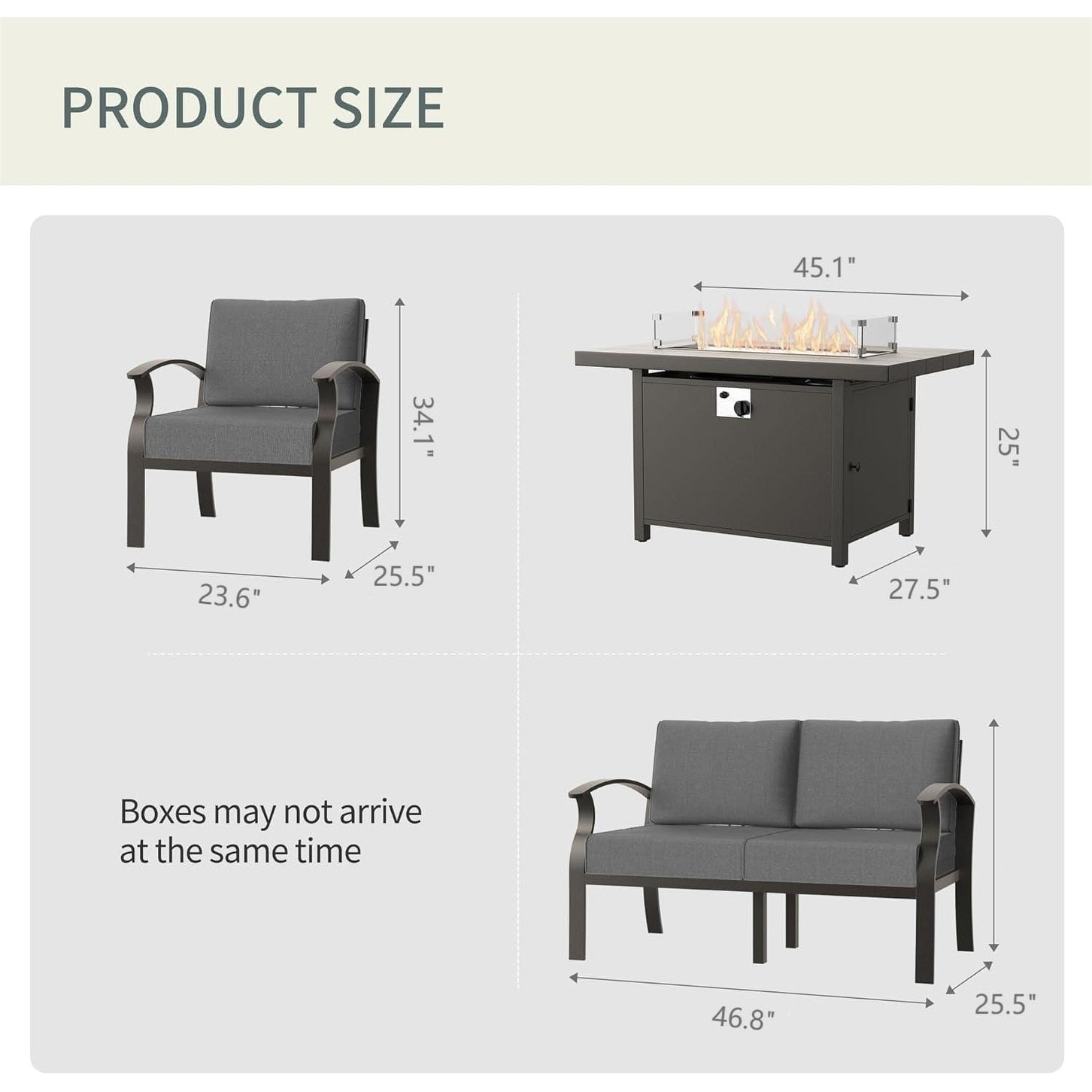 Kullavik Aluminum Outdoor Patio Furniture with Curved Armrests & Firepit Table