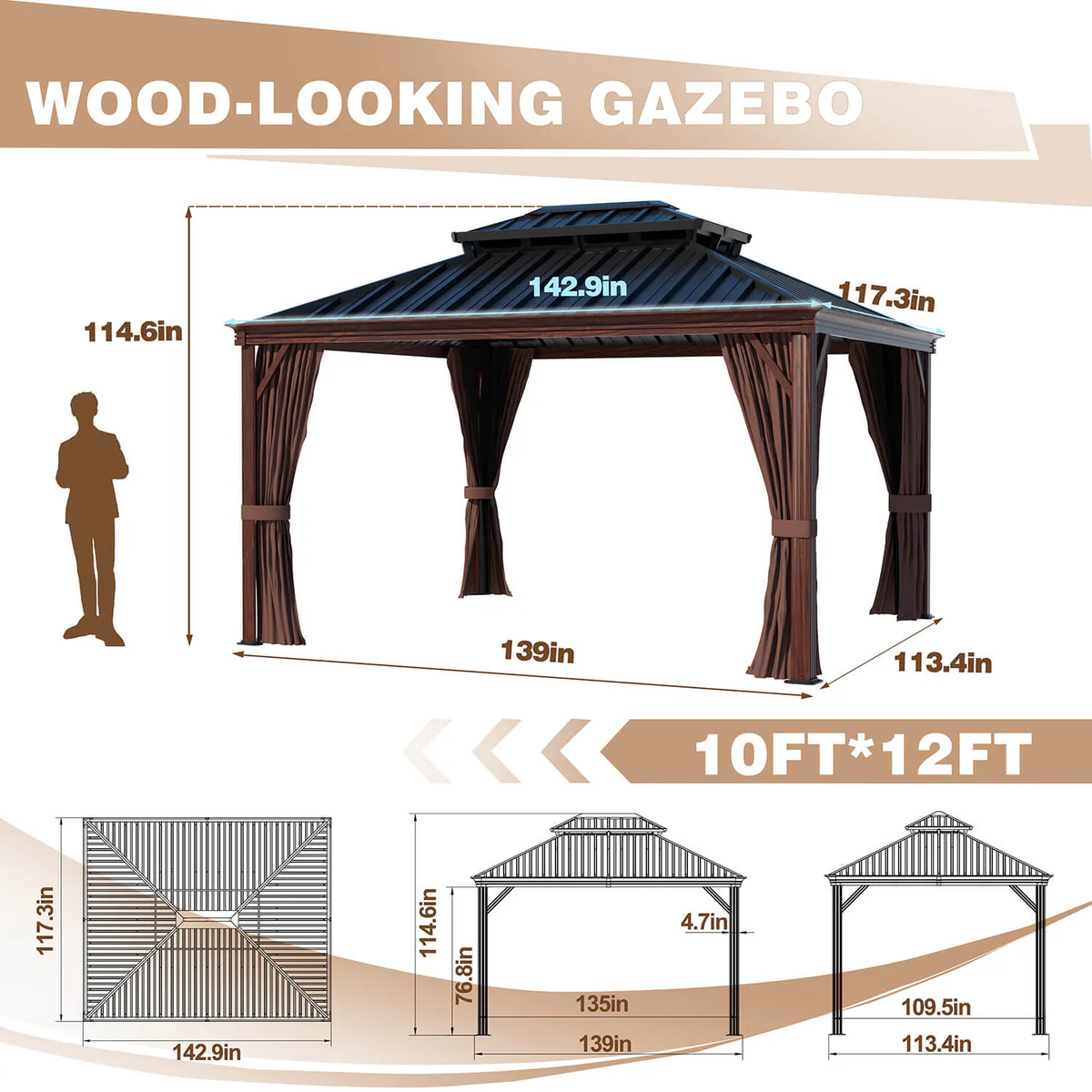 12-ft x 10-ft Wood Grain Appearance Hardtop Brown Gazebo with Hardtop Roof (Screen Included)