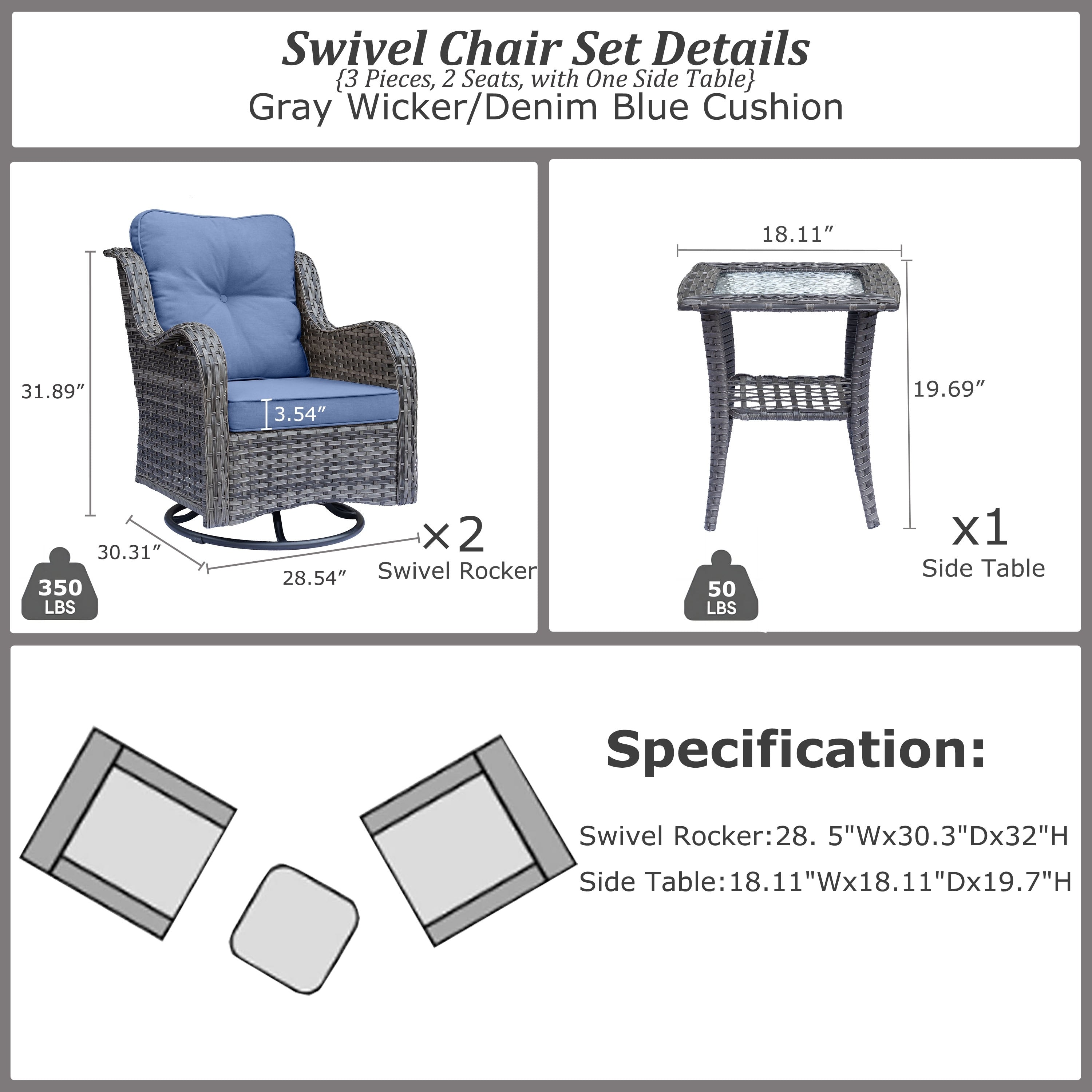 Outdoor Patio Furniture Set-Wicker Patio Conversation Swivel Chair Set